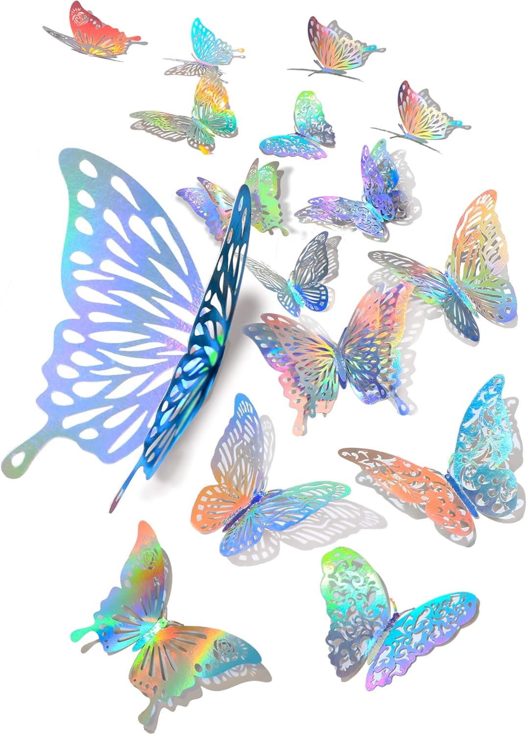 60 Pcs 3D Iridescent Silver Butterfly Wall Stickers Decals ,Holographic Silver Butterfly Wall Decor Classroom Decor with Set 5 Style Decorative Paper Murals for Nursery, Glitter Party Decor (Silver)