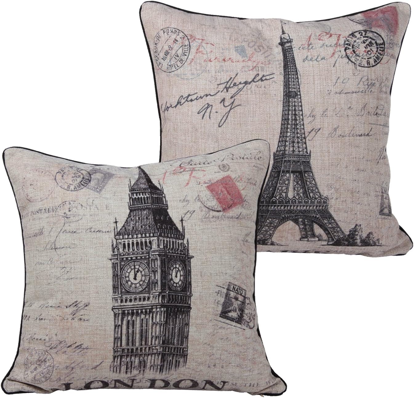 Queenie® - 2 Pcs Cotton Linen Pillow Case with Stamp Print Pillowcase Cushion Cover 45 X 45 Cm (18 X 18 Inch) (Paris & London - Bundle Set of 2)