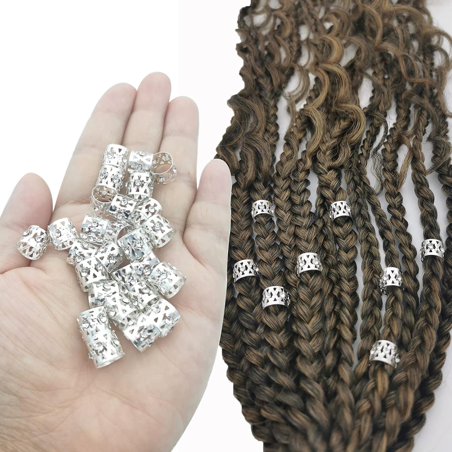 Flosius 50PCS Silver Rhinestone Hair Jewelry for Women Braids Iron Dreadlock Beads Accessories With 100 pcs Mini Rubber Bands Metal Hair Cuffs for Braids for Girls