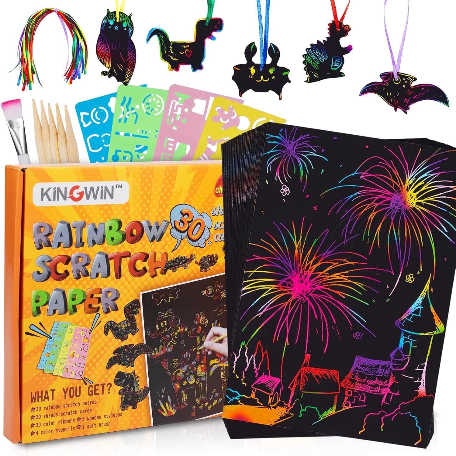 Scratch Paper Art Set for Kids, 60pcs Rainbow Scratch Off Paper Set Crafts Supplies with 30 Colorful Ribbons for Girl Boy Teen Toy Game Gift for Easter Birthday DIY Activities Painting