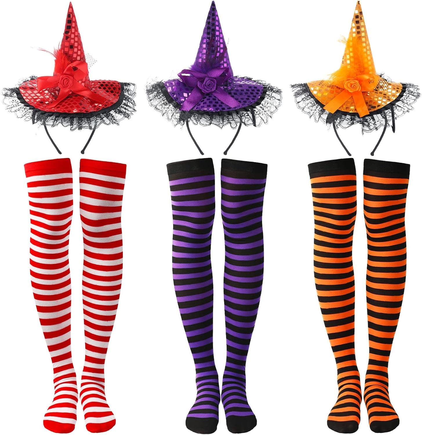 SATINIOR 6 Pieces Halloween Witch Hat Headband Witch Sequins Headband Long Striped Socks Striped Over Knee Socks Halloween Cosplay