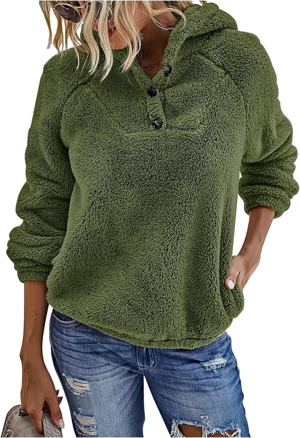 KIRUNDO Winter Women's Fuzzy Fleece Casual Long Sleeves Shaggy Sherpa Sweatshirts With Pockets