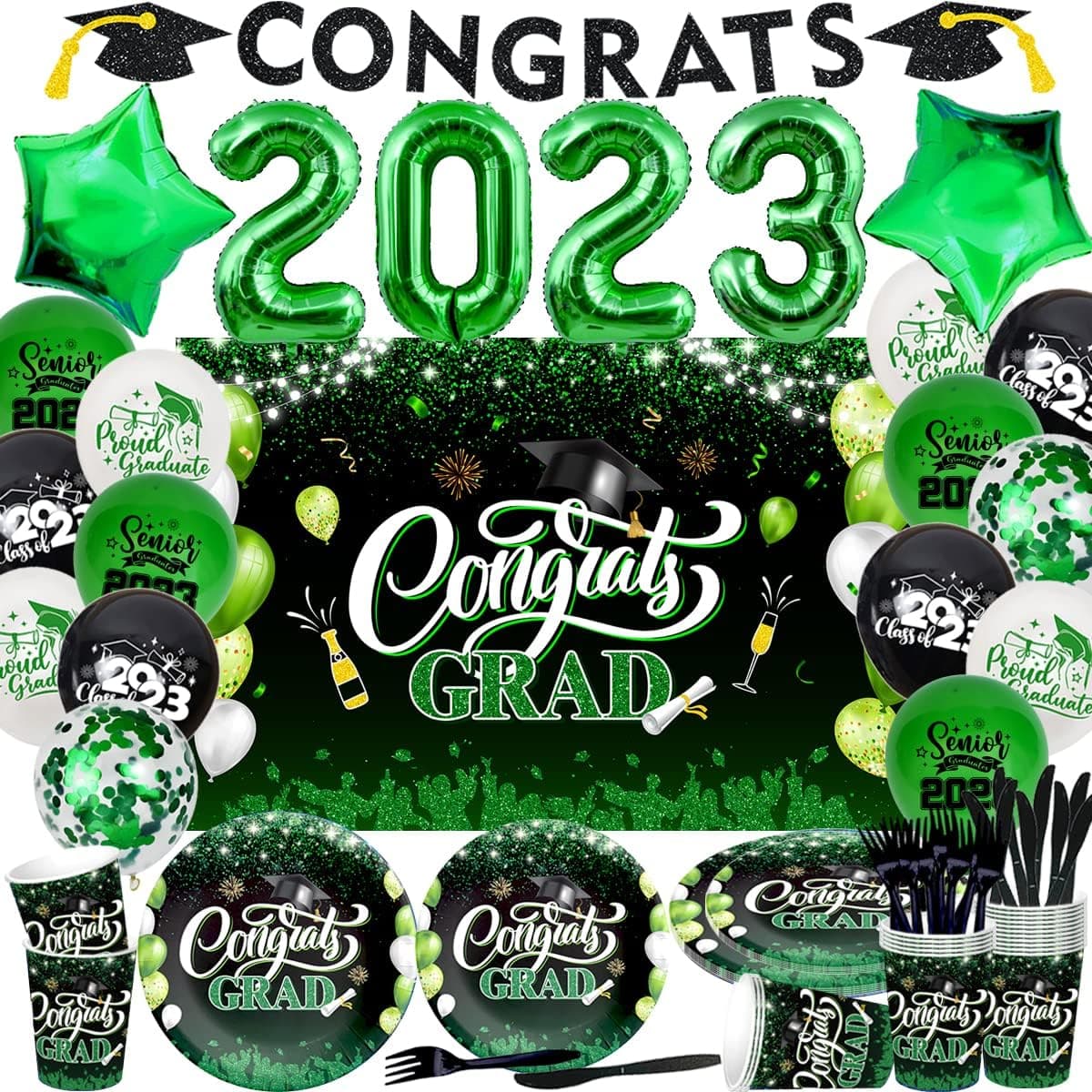 2023 Graduation Decorations-122Pcs Graduation Party Supplies Included Congrats Grad Backdrop,Graduation Banner, Balloons and Tableware(Green)