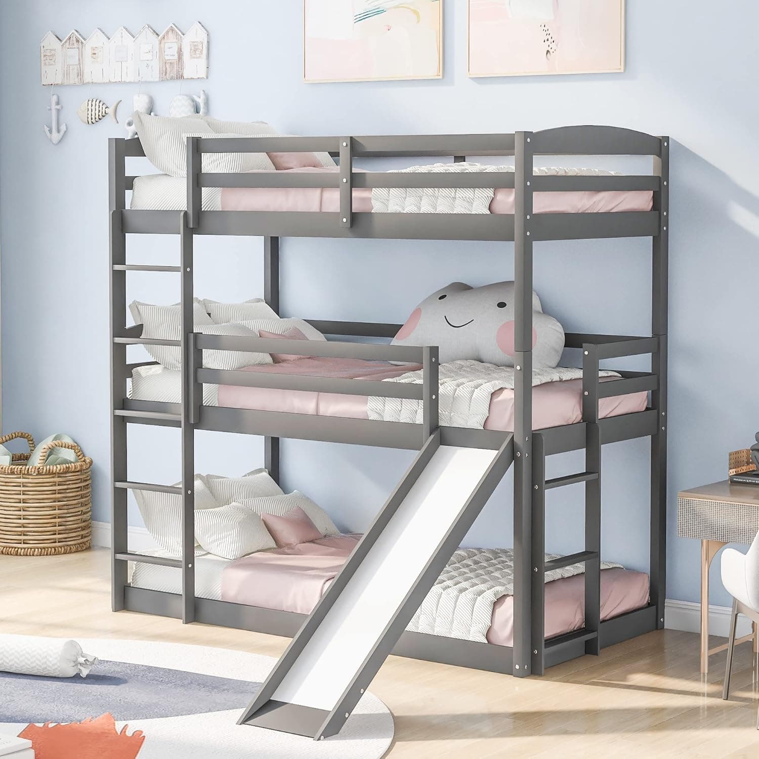 Harper & Bright Designs Wood Triple Bunk Bed with Slide, Twin Over Twin Over Twin Adjustable Separable Beds with Ladder, Guardrail for 3 Peoples Adults Teen Kids (Gray)