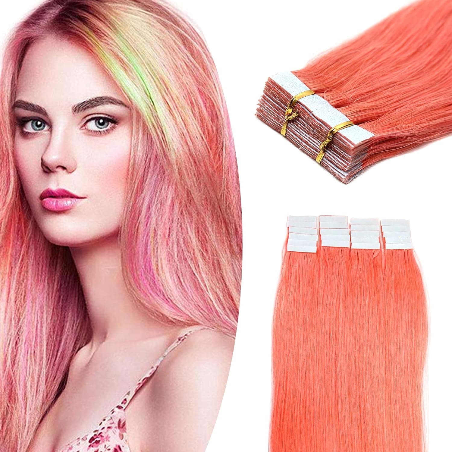 Yotty Hair Extensions Tape in Seamless Skin Weft Remy Human Hair (16Inch 10Pcs, Pink)