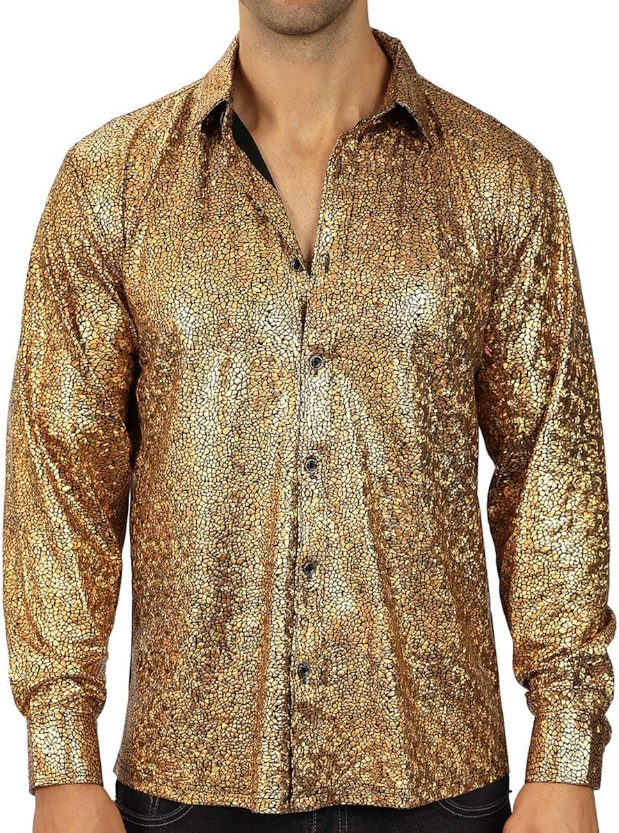 WULFUL Men Dress Shirt Sequins Long Sleeve Button Down Shirt Luxury Disco Party Nightclub Christmas Prom Costume
