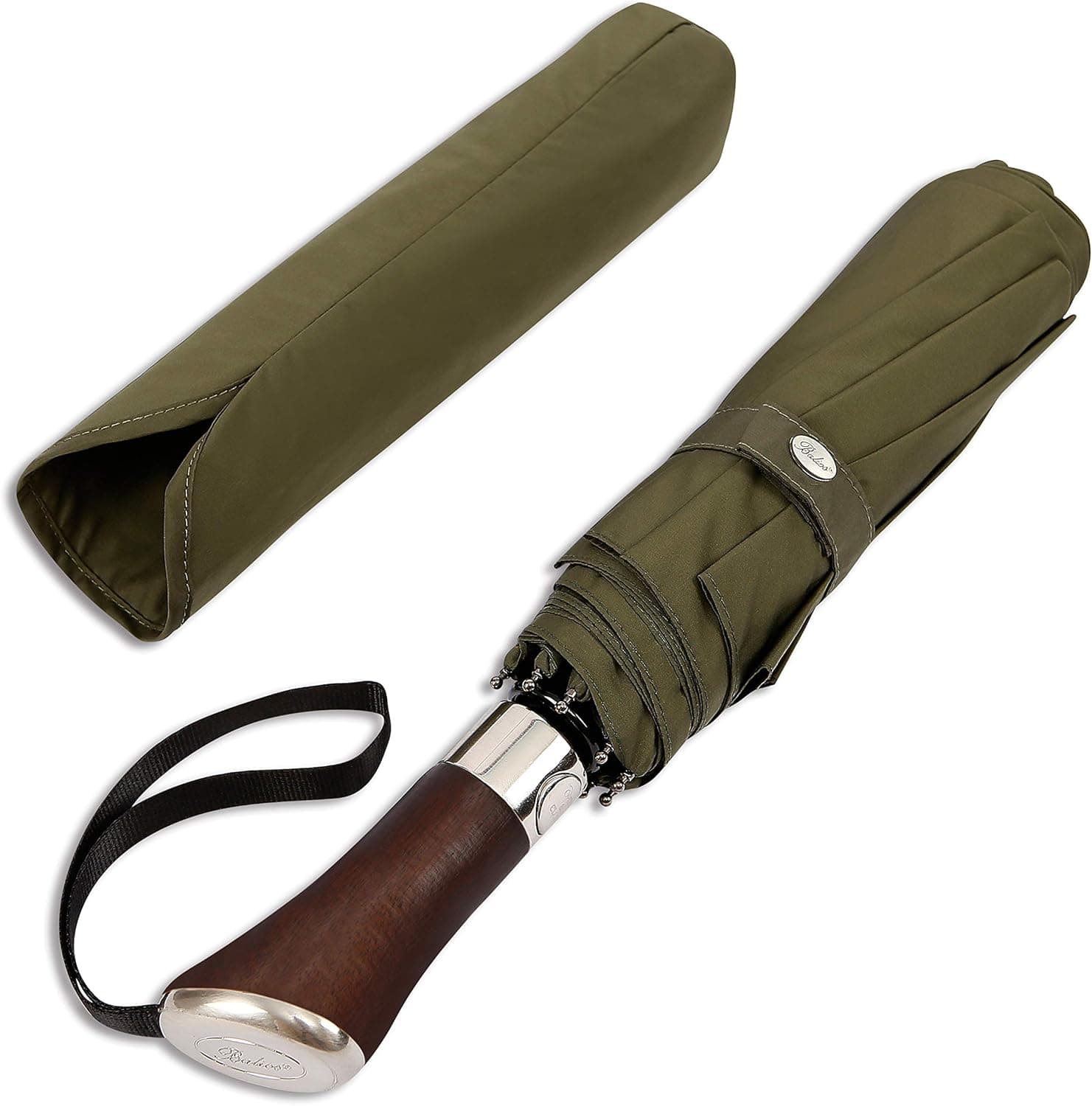 (Designed in UK) Balios Travel Umbrella Luxurious Golden Rosewood Handle Auto Open & Close Windproof Frame Single Canopy Automatic Folding Umbrella Men's & Ladies