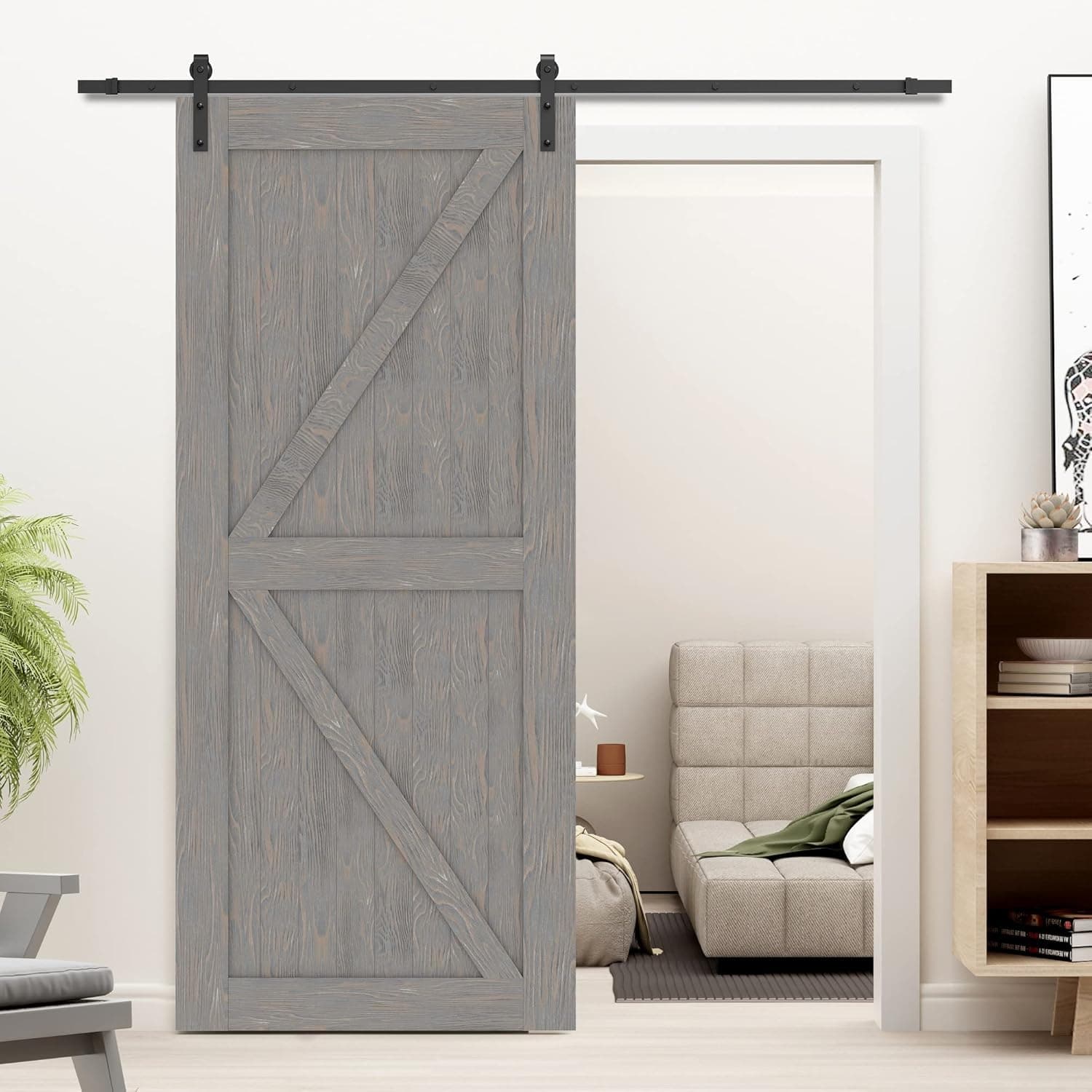 BELLEZE 36 Inch DIY Sliding Interior Barn Door, Modern Rustic Custom Farmhouse Unfinished Pine Wood for Kitchen Pantry Bedroom Living Room Closet - Gray