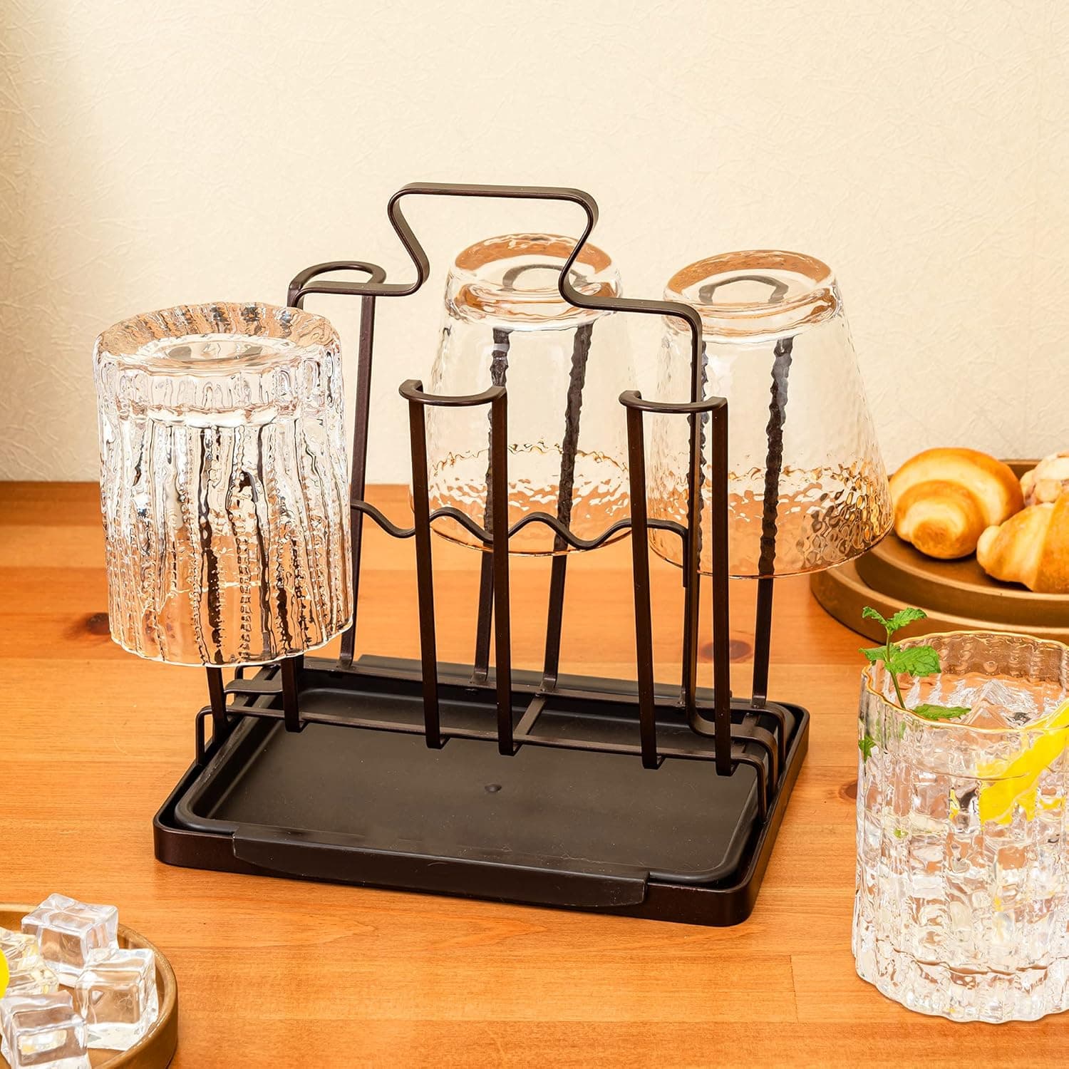 GEDLIRE Coffee Mug Holder, 6 Hook Metal Cup Drying Rack Mug Tree Stand Organizer, Coffee Mugs & Tea Whiskey Wine Glass Cup Dryer Rack for Kitchen Counter Storage Display Stand with Drain Tray