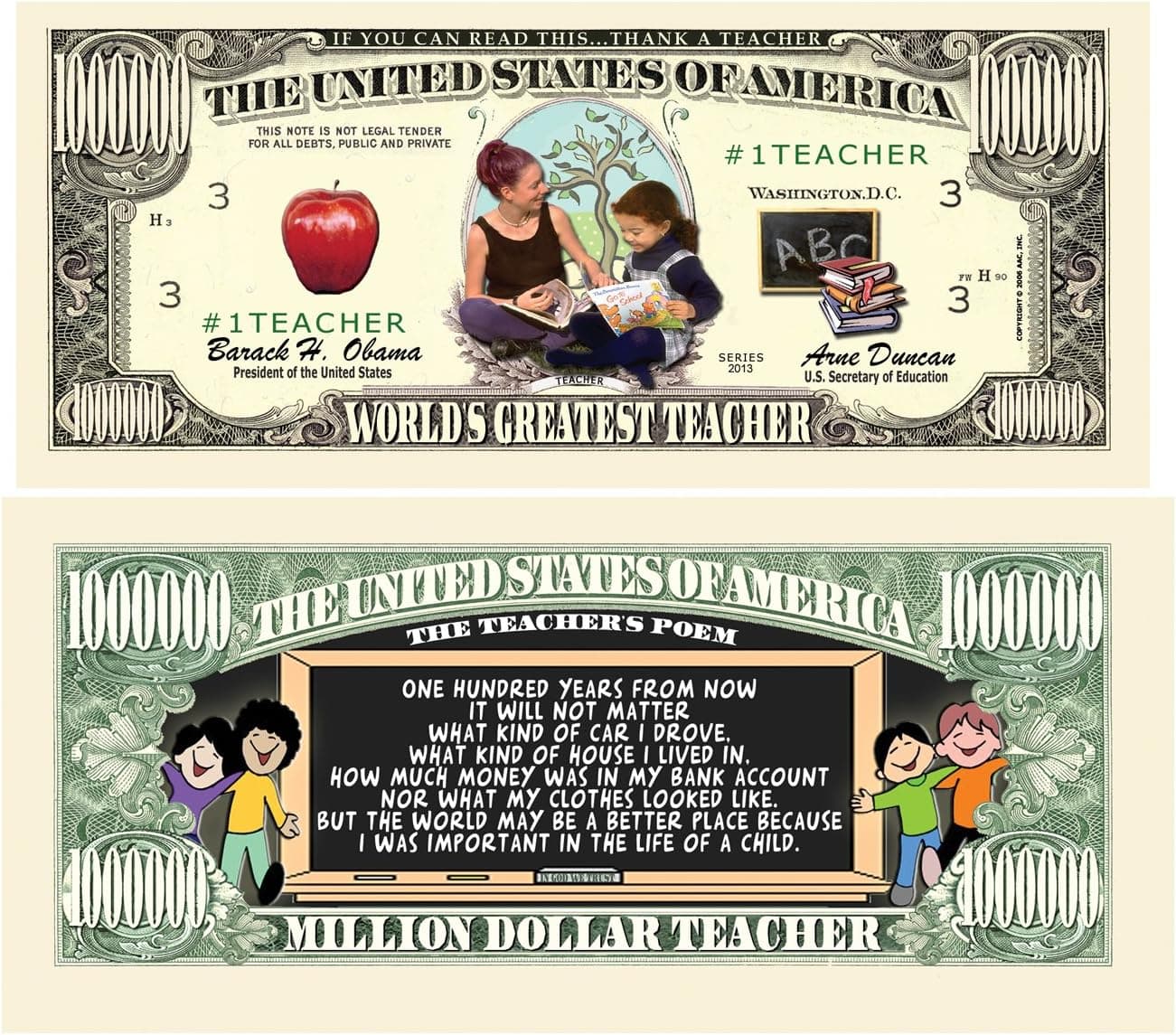 American Art Classics Pack of 100 - World's Greatest Teacher Million Dollar Bill - Best Gift for Teachers and Teaching