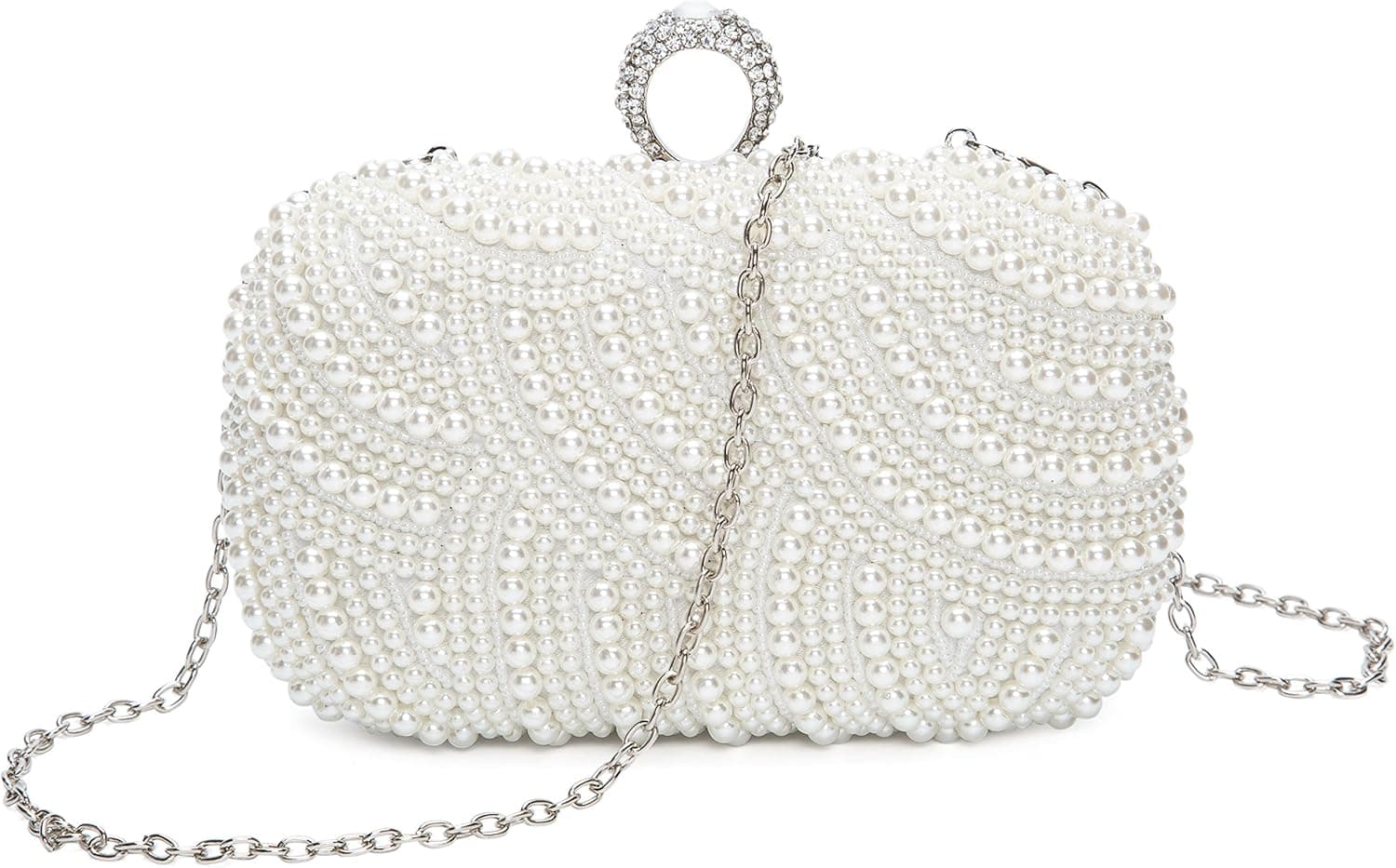 Chichitop Womens Luxury Special Crystals Beaded Pearl Evening Clutch Bag,White
