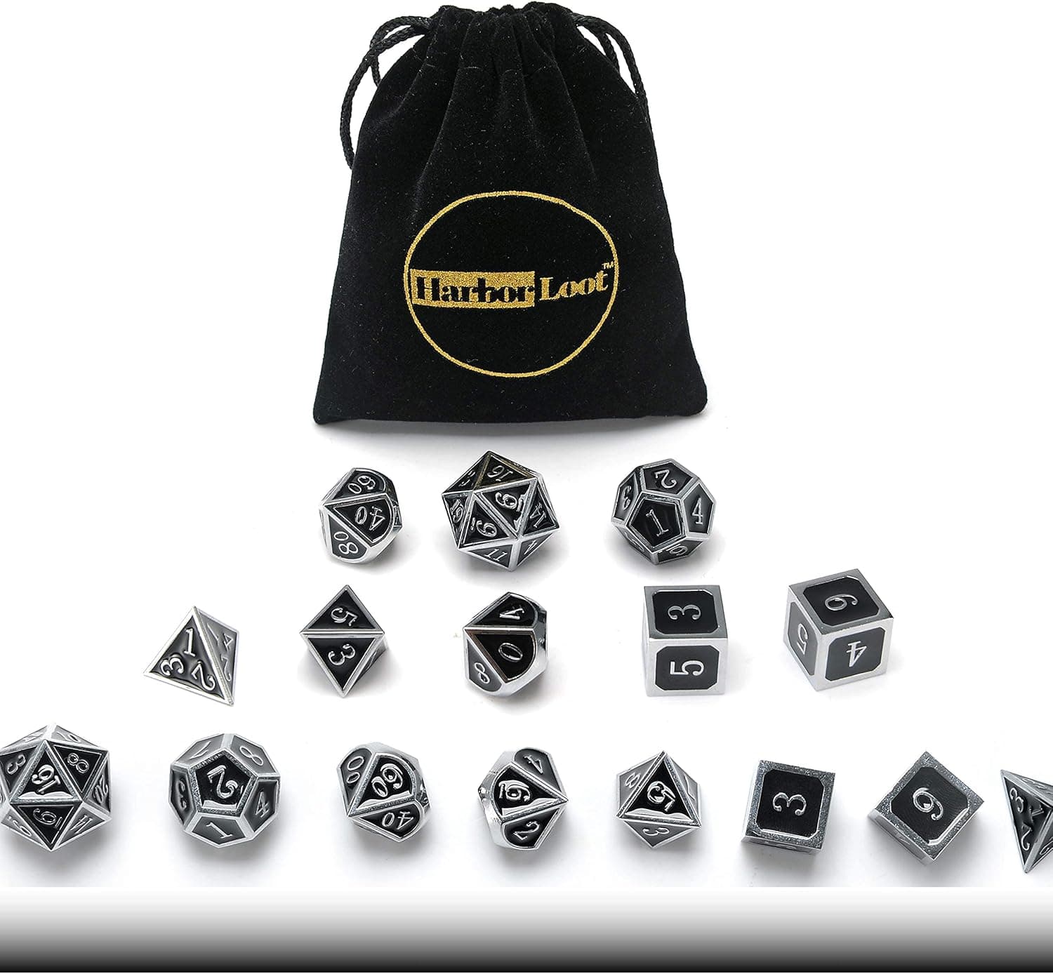 Harbor Loot Mega 16 Black & Silver Metal Dice Collection - Includes 16 Polyhedral Dice Perfected for Your Favorite RPG - Featuring 4d6 Dice and 2 of Everything Else Including 2 d20s