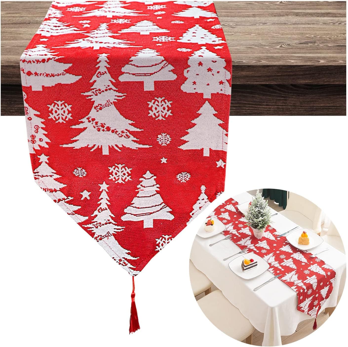 Leesgel Christmas Table Runner Runners, Christmas Table Decorations Decor, Red Holiday Christmas Table Runner 72 Inches Long Kitchen Christmas Decorations Indoor Ornaments (Christmas Tree, Snowflake)