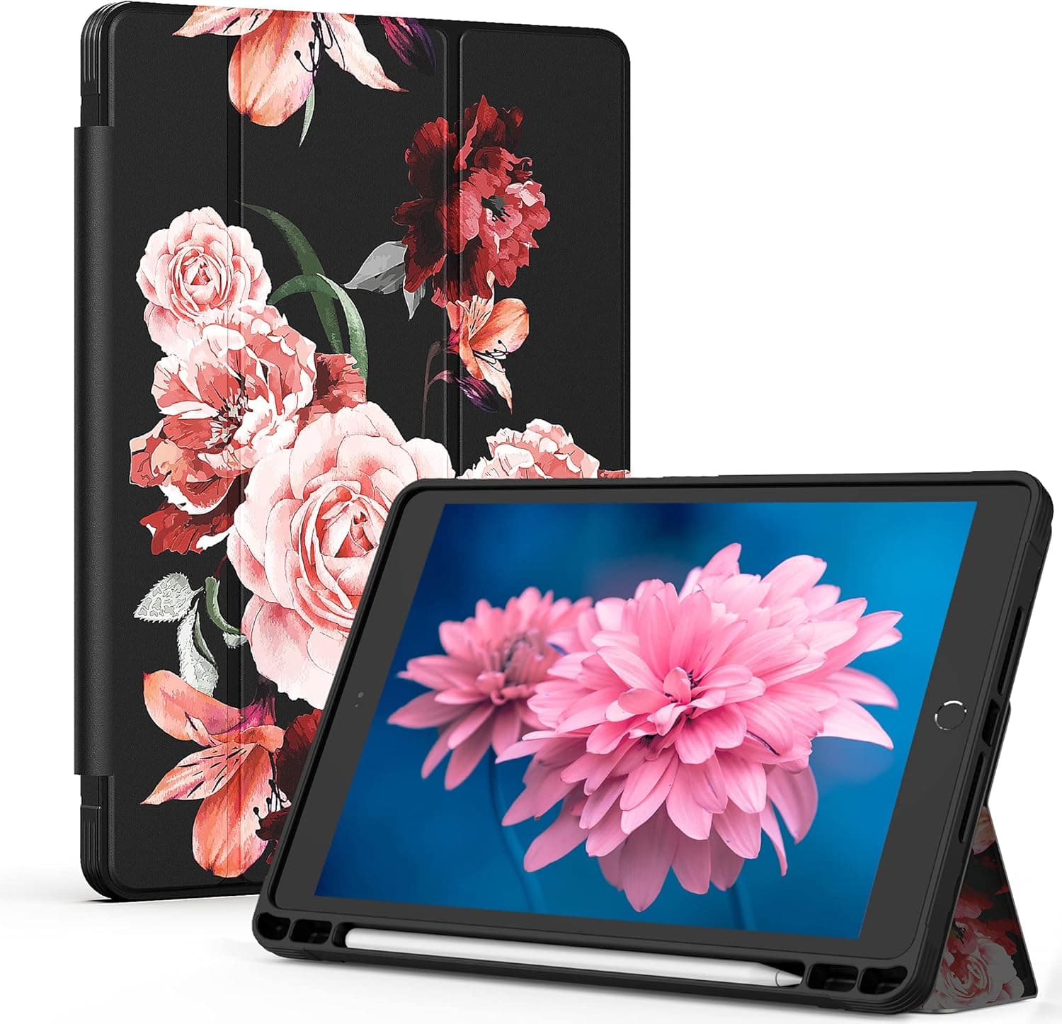 YEMODO Case for iPad 9th/8th/7th Generation 10.2 inch Case, New iPad 2021/2020/2019 Cover Case with Pencil Holder Auto Sleep/Wake Protective Soft Tup Back Smart Stand Cover, Rose Flower/Black