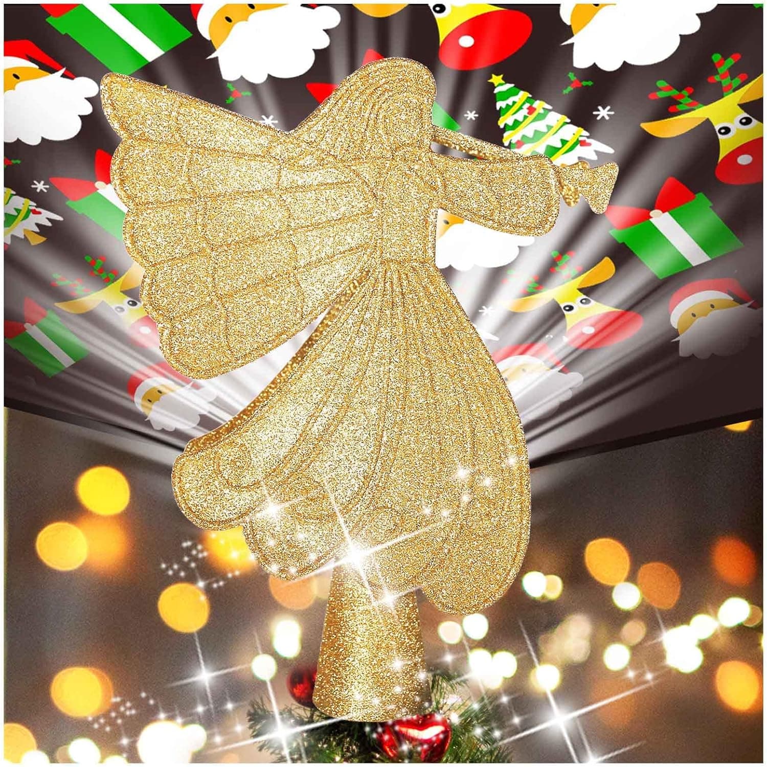 Christmas Tree Toppers, Golden Angel Tree Topper with 3D Rotating Colorful Christmas Projector, Glitter Lighted Tree Topper for Xmas Tree Toppers, Christmas Decorations Gift
