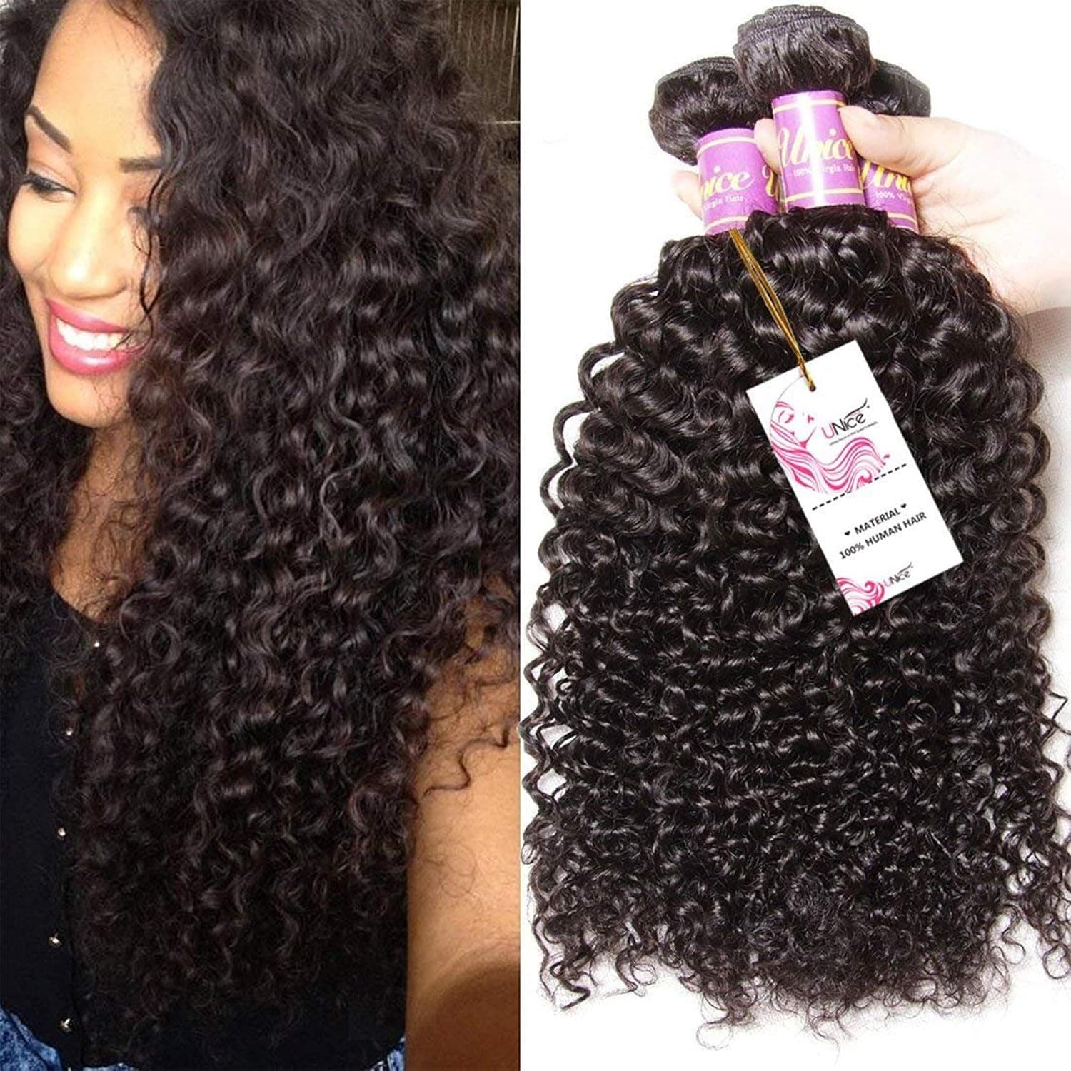 UNICE 10ABrazilian Curly Virgin Hair Weave 3 Bundles Unprocessed Human Hair Extensions Natural Color Can Be Dyed and Bleached Tangle Free (8 10 12inches)
