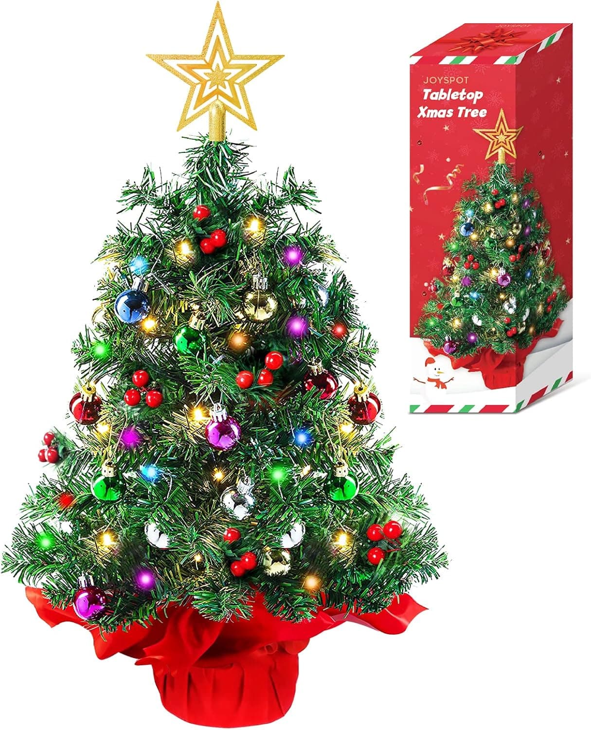 JOY SPOT! 24 Inch Tabletop Christmas Tree, Mini Artificial Christmas Tree with 60 LED String Lights & Ornament, Christmas Decorations for Home and Office