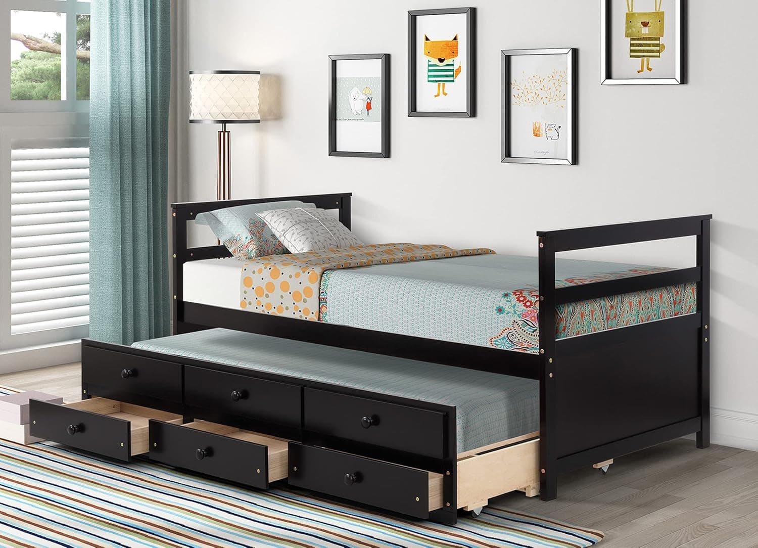 windaze Twin Trundle Bed with Storage, Captain Bed with 3 Drawers, Wood Trundle Bed Frame with Pull Out Bed for Children Teens, Wooden Slat Support No Box Spring Needed, Brown
