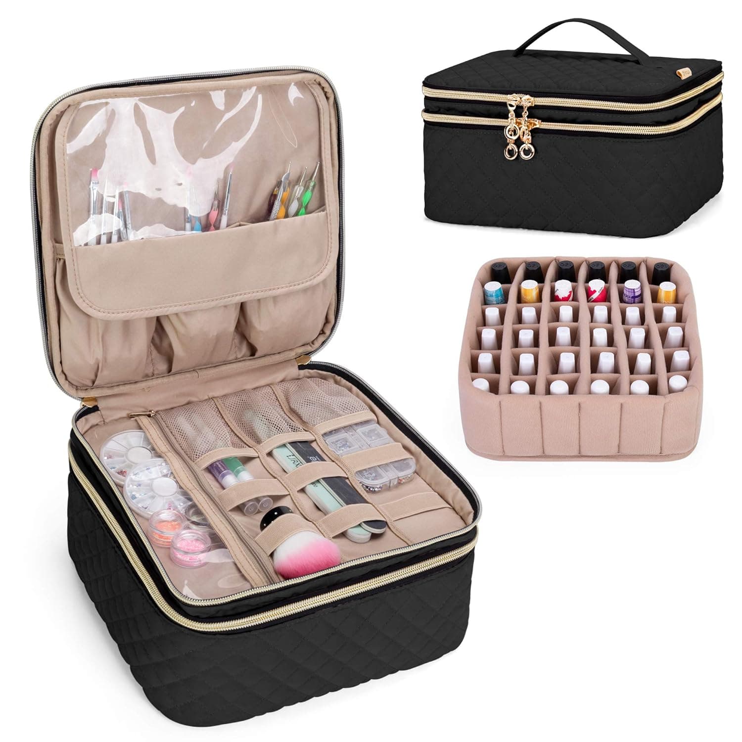 YARWO Nail Polish Organizer Case Holds 36 Bottles (15ml/0.5 fl.oz), Double-Layer Travel Bag for Nail Polish, Manicure Set and Pedicure Kit, Black (Bag Only, Patent Pending)