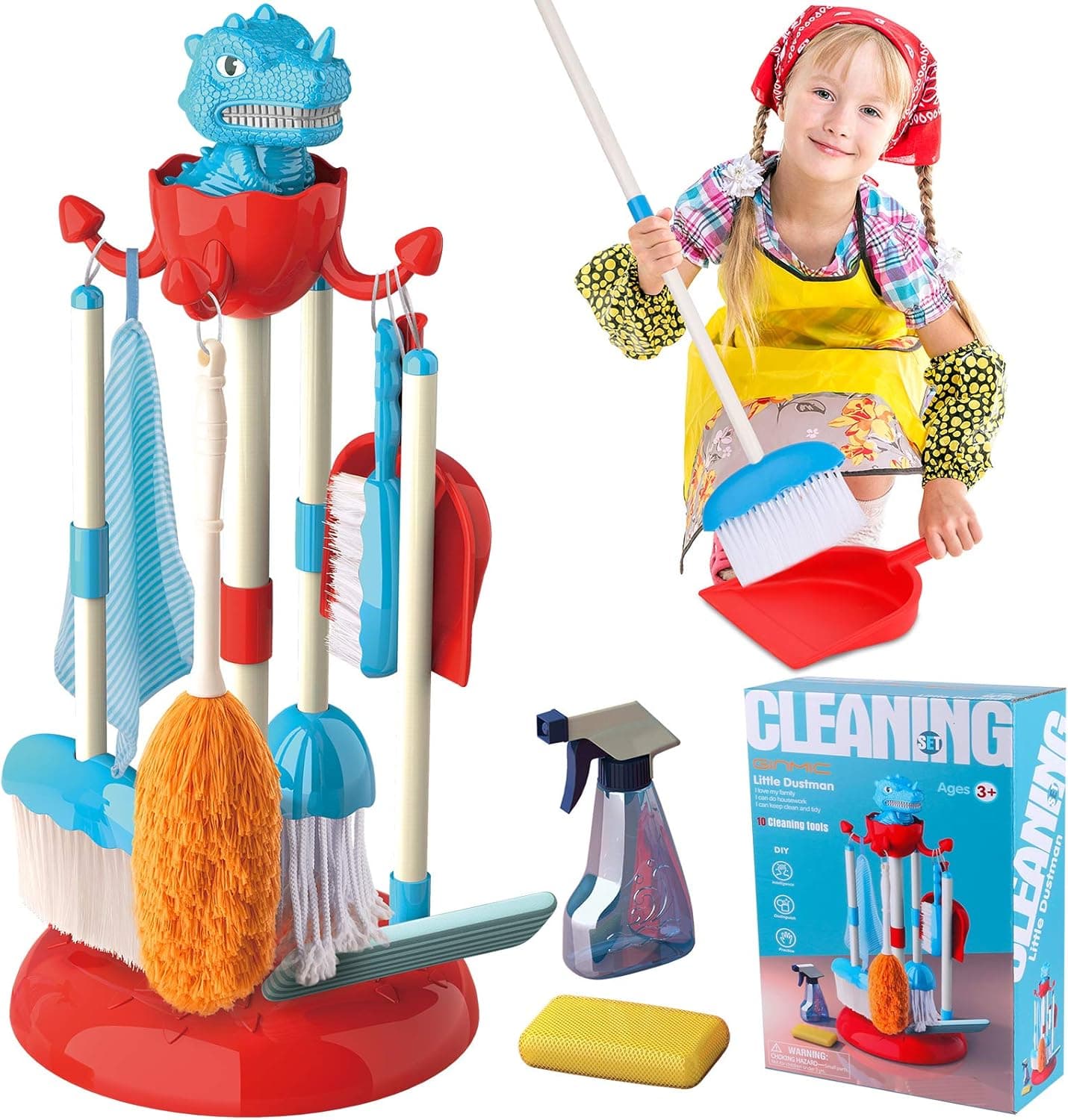 GINMIC Detachable Kids Cleaning Toy Set, Pretend Play Household Cleaning Tools - Includes Broom, Mop, Duster, Brush, Squirt Bottle and Hanging Stand Play, Housekeeping Toys for Toddlers Girls & Boys