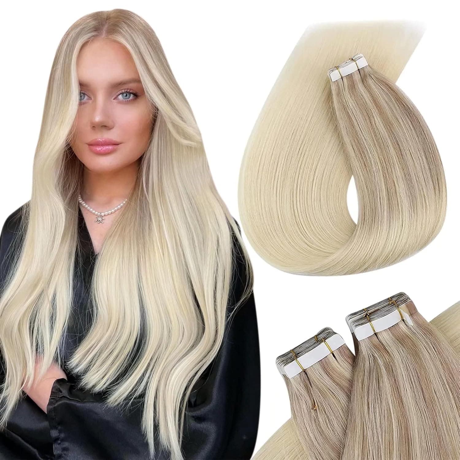 VeSunny Tape in Hair Extensions Real Human Hair Blonde Remy Human Hair Tape in Extensions Ash Blonde Highlights Platinum Blonde Real Hair Extensions Tape in Invisible 16inch 20pcs 50g