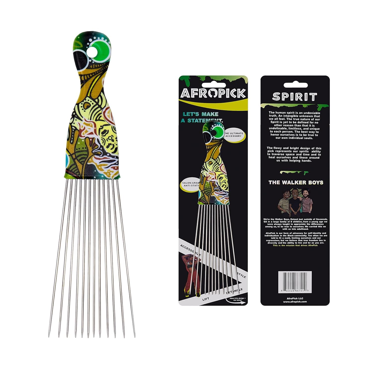 Afropick Metal Black Hair Pick for Natural Curly Long Thick Hair- Afro Pick Comb for Men, Women- African Artist Designs IMPROVED 2.0 (Spirit)