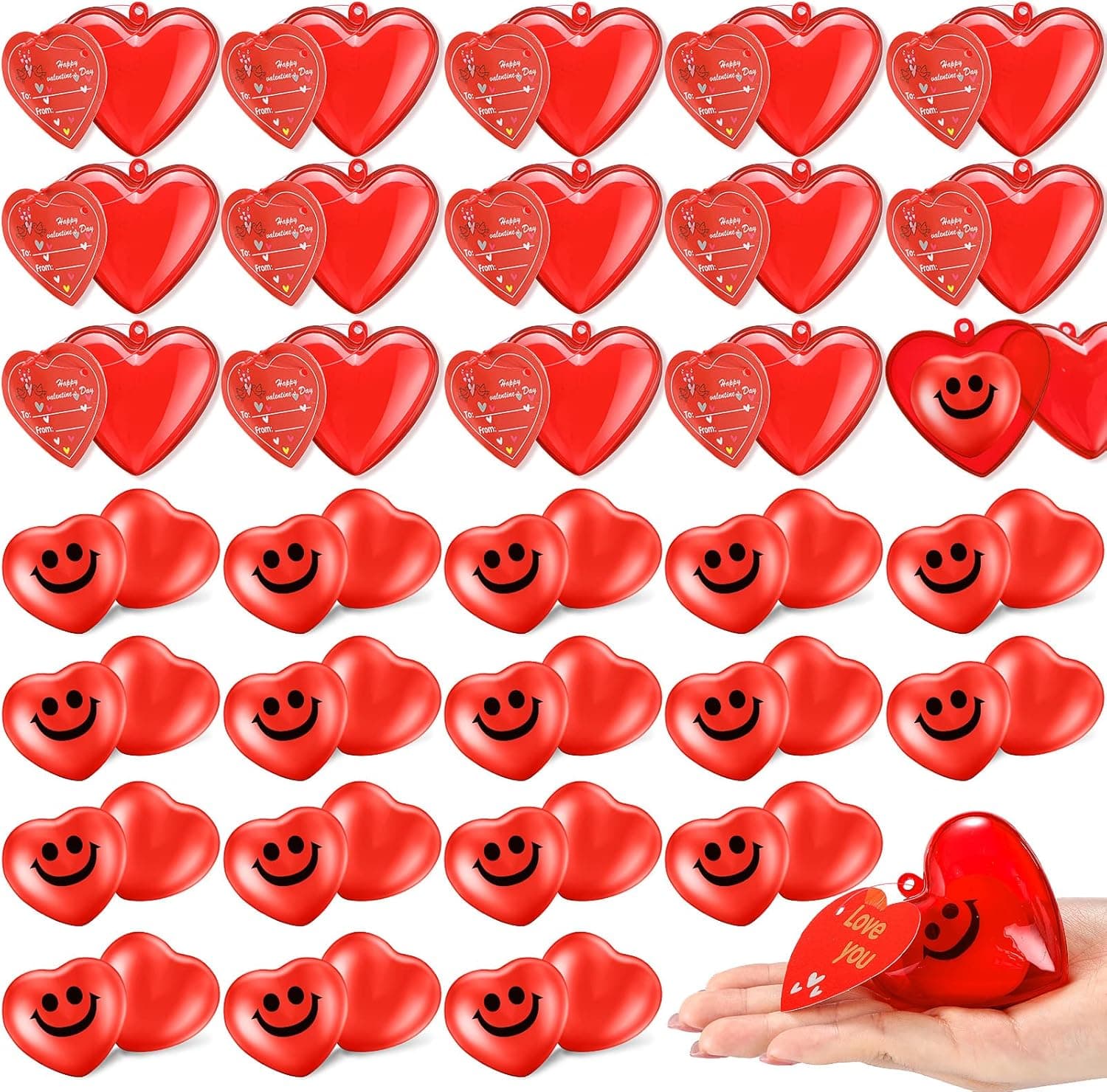 60 Pieces Valentine's Day Filled Hearts Set Includes Smile Face Stress Balls Mini Foam Ball with Cards for Valentine Classroom Exchange Gifts Kids Game Party Favor Prizes (Red)