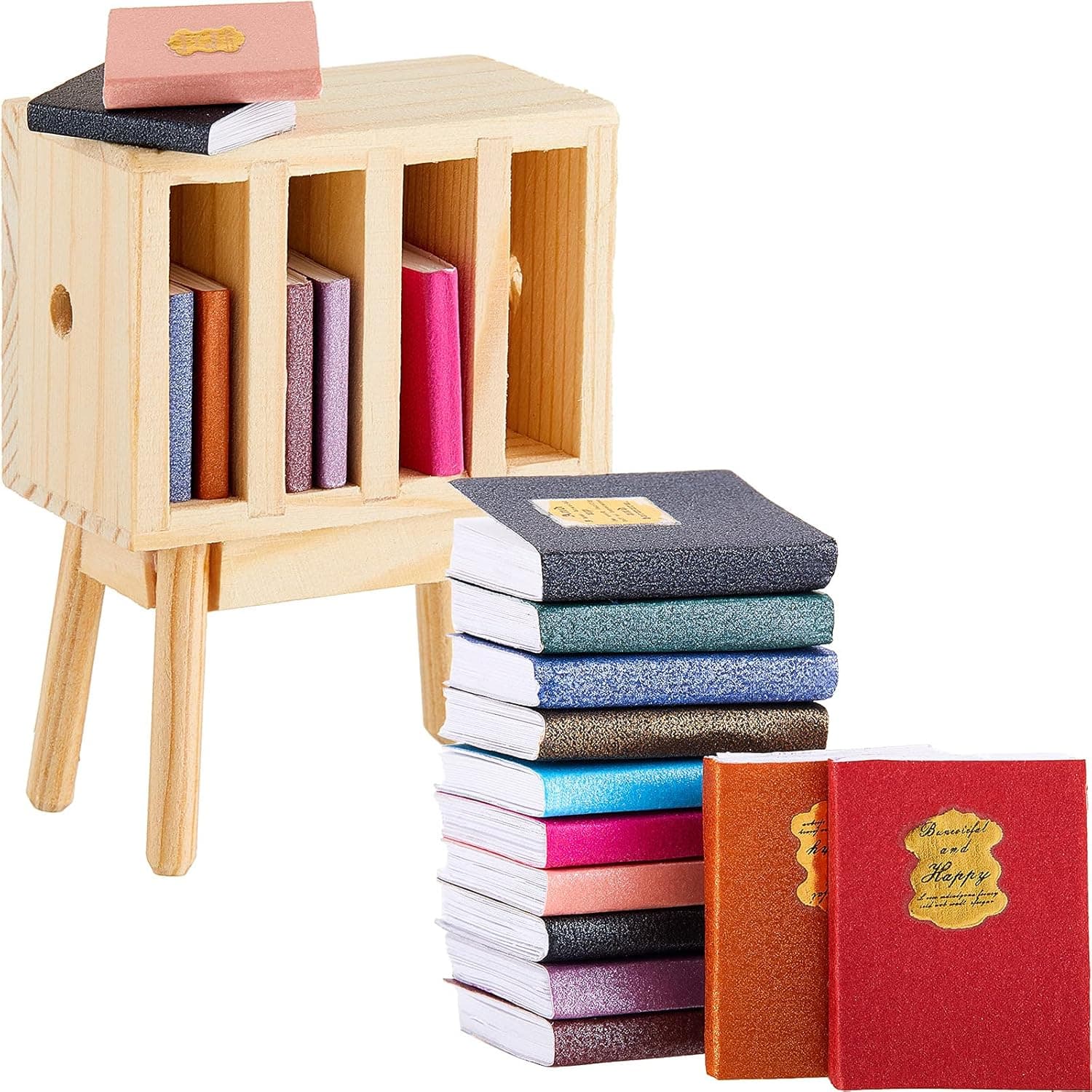 13 Pieces 1:12 Scale Miniatures Dollhouse Books with Mini Dollhouse Miniature Furniture Decoration Wooden Rack Bookshelf Mini Books Miniatures for Dollhouse Decoration Accessories Pretend Play