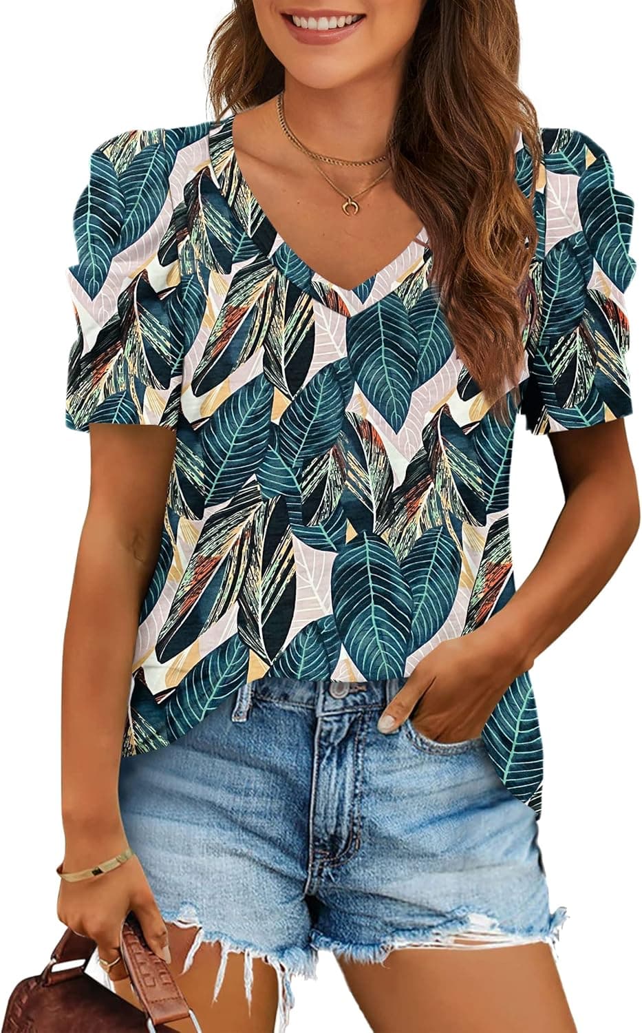 WNEEDU Womens Summer Tops V Neck Casual Tshirts Puff Sleeve Basic Tops