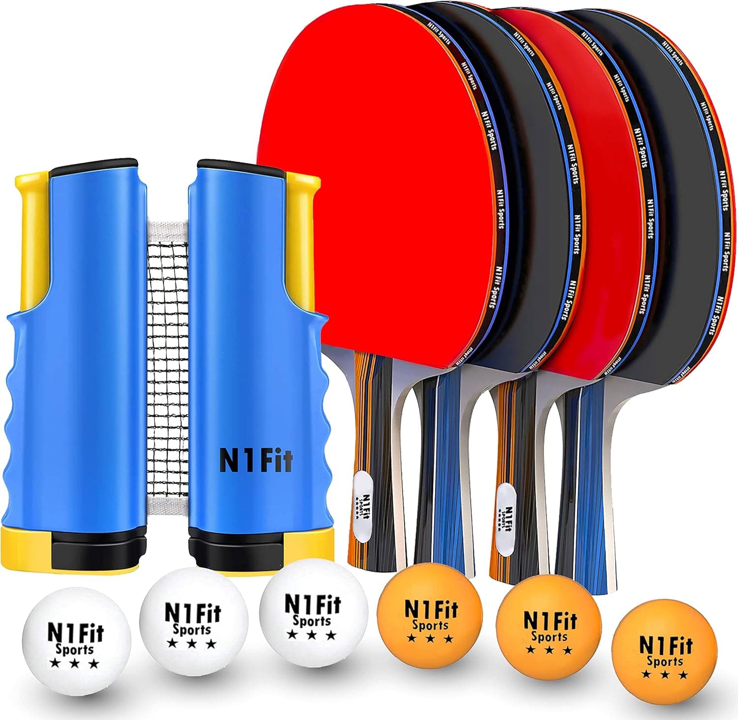 Ping Pong Paddle Set - 4 Professional Rackets, Retractable Net, 6 Pig Pong Balls, Carry Case - Indoor and Outdoor Table Tennis Play
