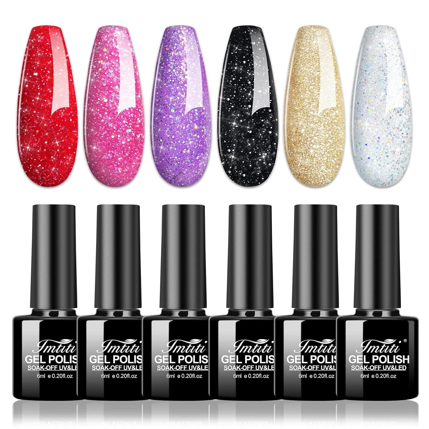 Imtiti Gel Nail Polish Set, 6 Pcs Glitter Gel Nail Polish Kit Black Red Pink Gel Polish Kit, Soak Off LED UV Gel Nail Polish DIY Nail Art Gel Nail Starter Kit for Women Girls (0.2 Fl Oz)