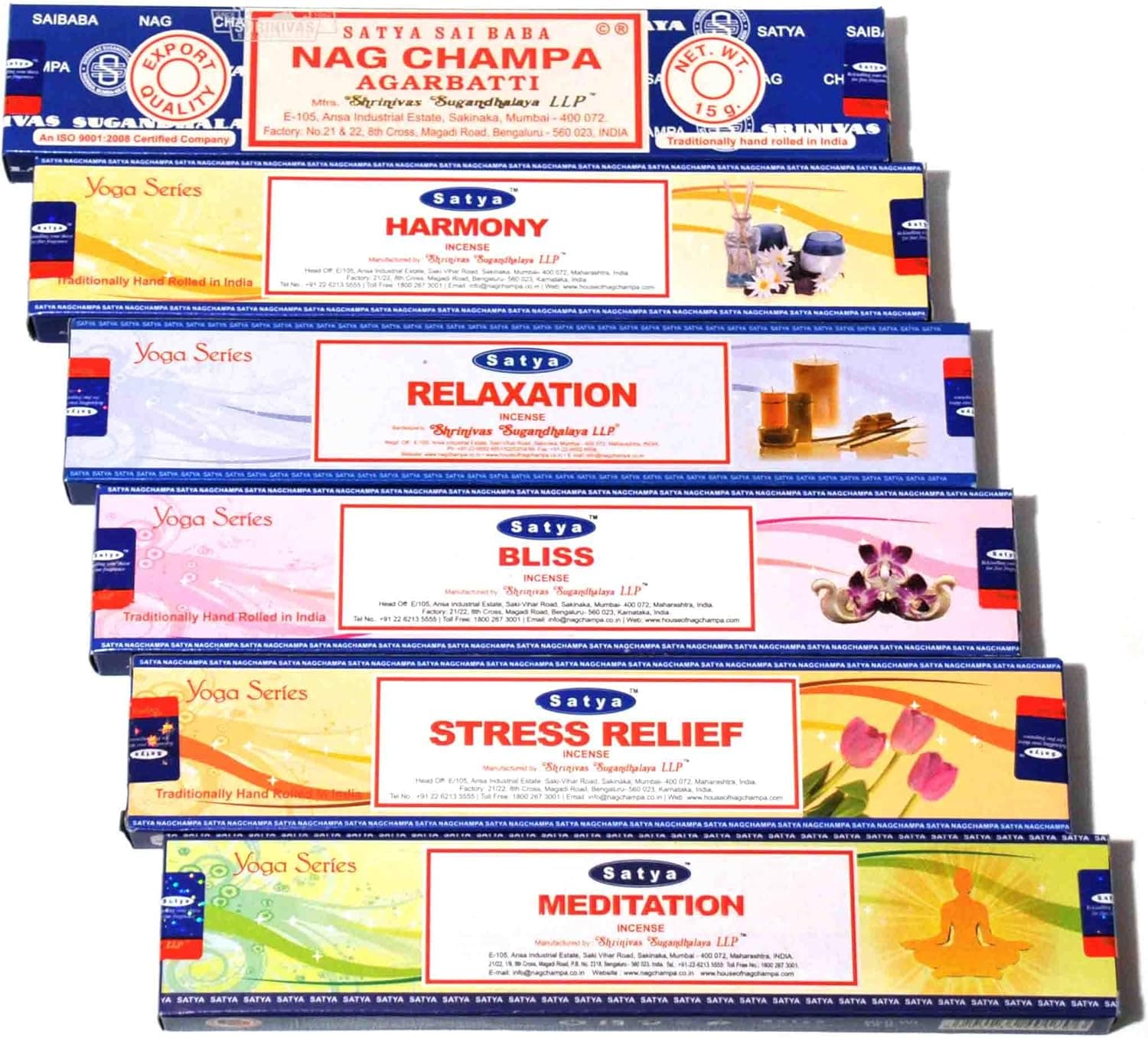 Satya Nag Champa Complete Yoga Series Incense Set consisting of Harmony, Relaxation, Bliss, Stress Relief, Meditation with Nag Champa Total 90 Gram of Incense