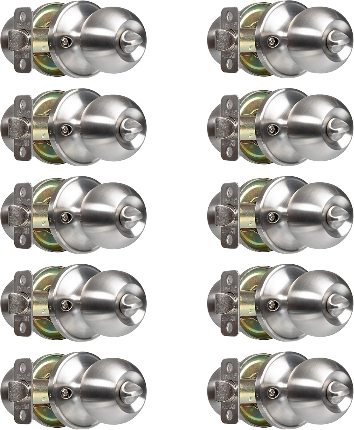 Ilyapa Privacy Door Knobs for Bed and Bath - Ball Style, Satin Nickel Interior Keyless Turn Thumb Locking Round Door Handle, Satin Nickel, 10 Pack