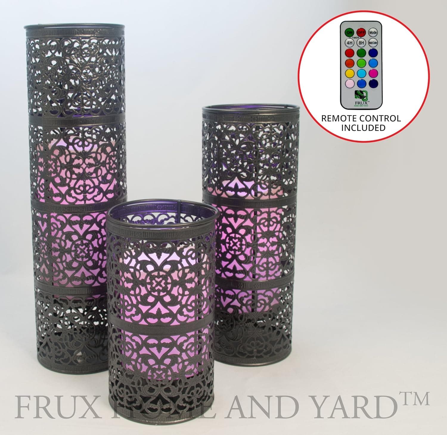 Frux Home and Yard 3 Piece Metal Lanterns with Flameless Pillar Candles and Remote Control