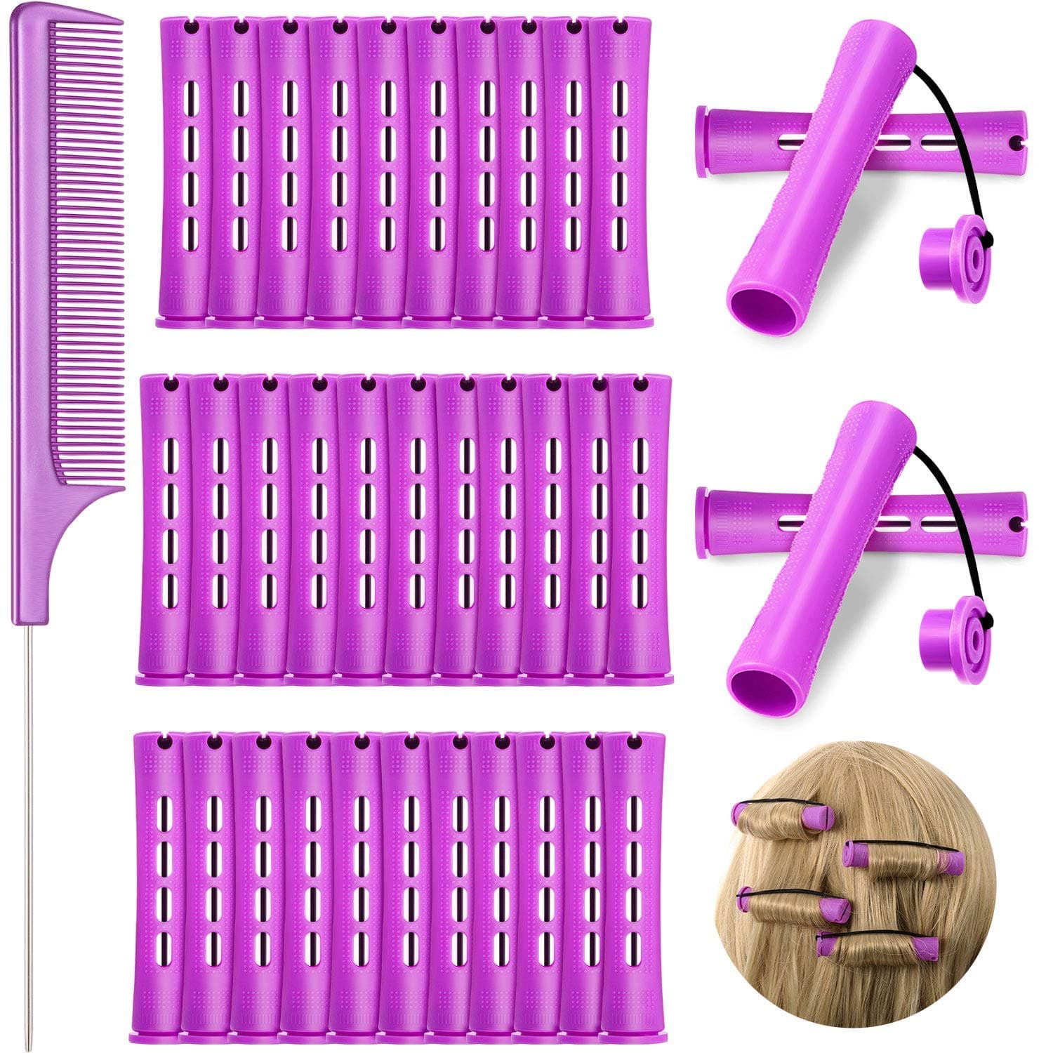 36 Pieces Cold Wave Rod Hair Perm Rods Hair Rollers Perming Rods Curlers with Steel Rat Tail Comb for Hairdressing Styling(Purple, 0.75 Inch)