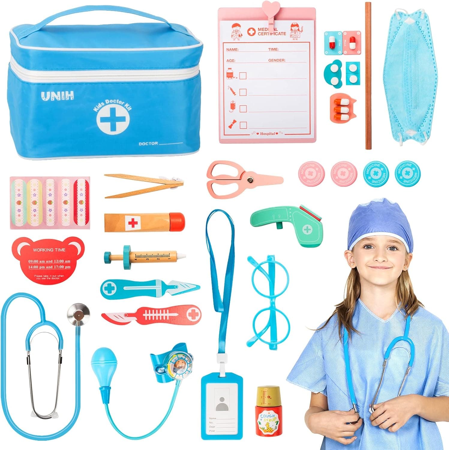 UNIH Doctor Kit for Kids, 30 Pieces Doctor Toys Medical Kit, Wooden Doctor Playset ,Doctor Kit for Toddlers 3-5, Toddler Girl Toys Gifts for 3 4 5 Year Old Boy Girl