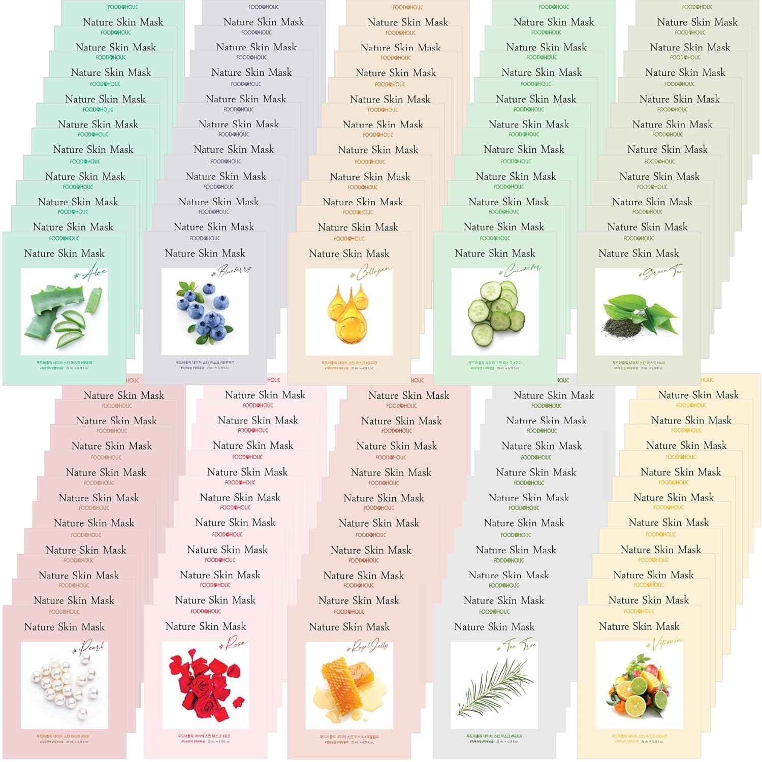 Foodaholic [ Nature Skin ] 100 Combo Pack Face Sheet Mask, Nude Sheet with Release Paper, Premium Quality Korean Facial Sheet Mask (10 x 10 Types