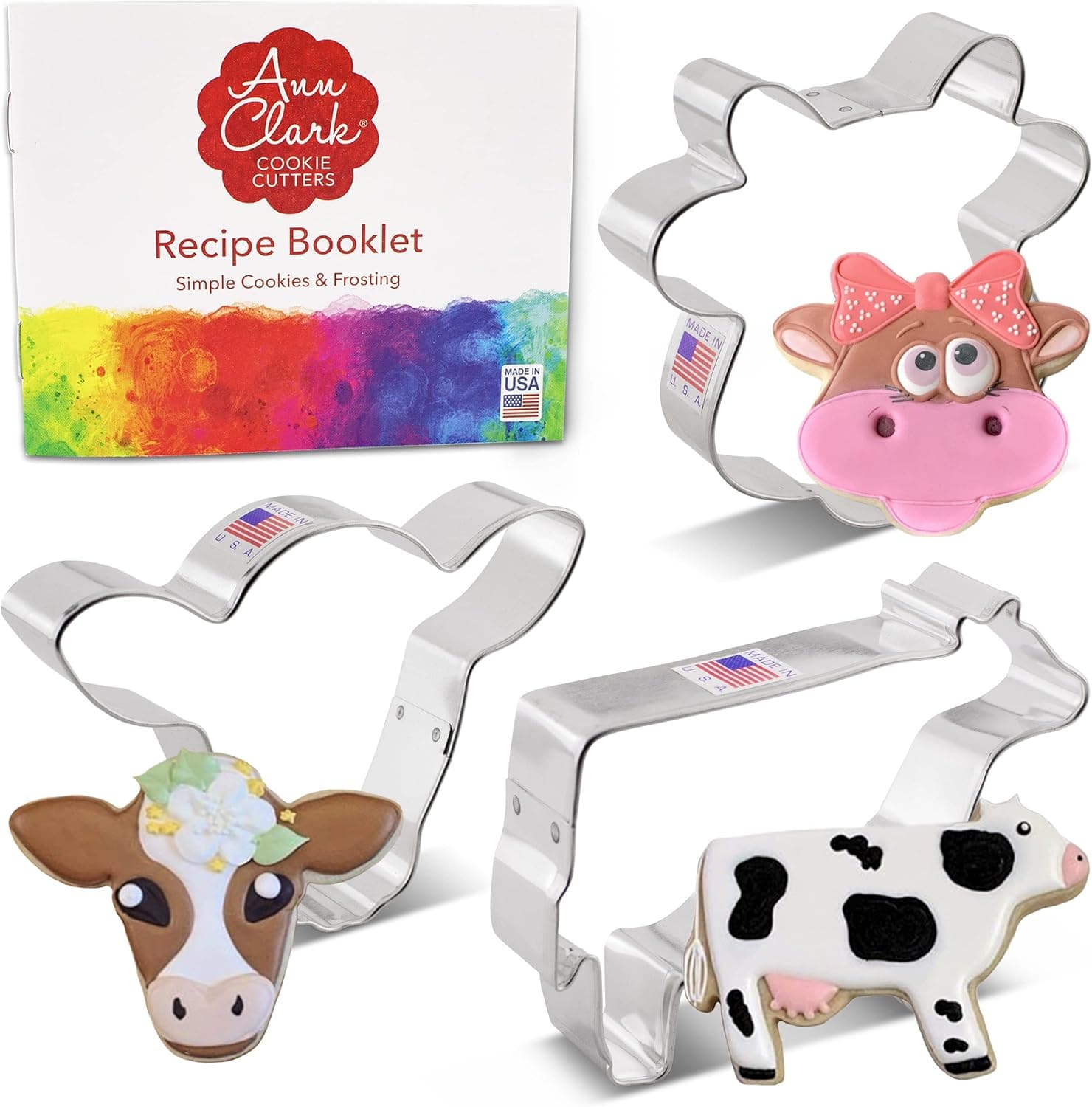 Ann Clark Cookie Cutters 3-Piece Cow Set with Recipe Booklet, Cow, Cute Cow/Steer Face, Cow Face