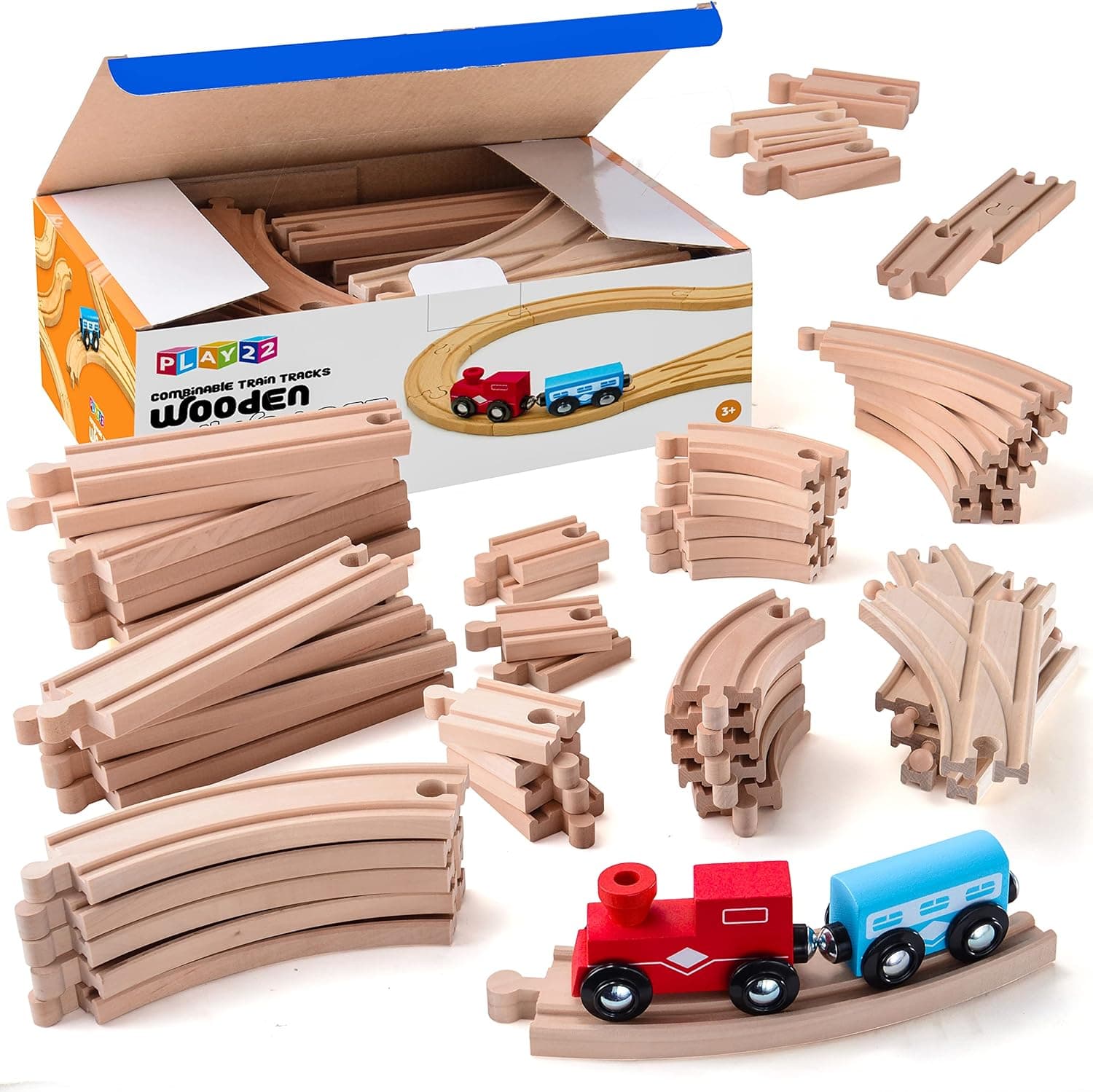 Play22 Wooden Train Tracks - 52 PCS Wooden Train Set + 2 Bonus Toy Trains - Train Sets for Kids - Car Train Toys is Compatible with Thomas Wooden Railway Systems and All Major Brands - Original