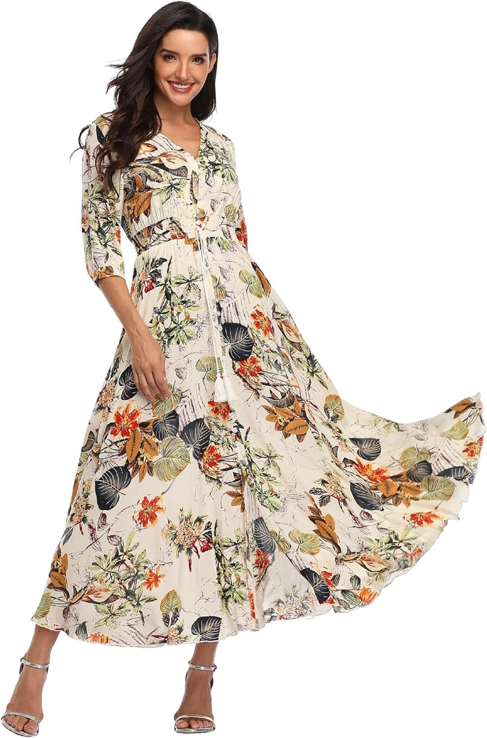 Women's Floral Maxi Dresses Boho Half Sleeves Button Up Split Flowy Long Dress