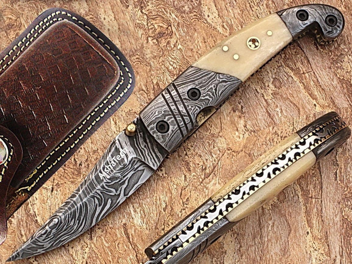 AishaTech Celebrities Pocket Knife Damascus Steel Blade Bone Handle