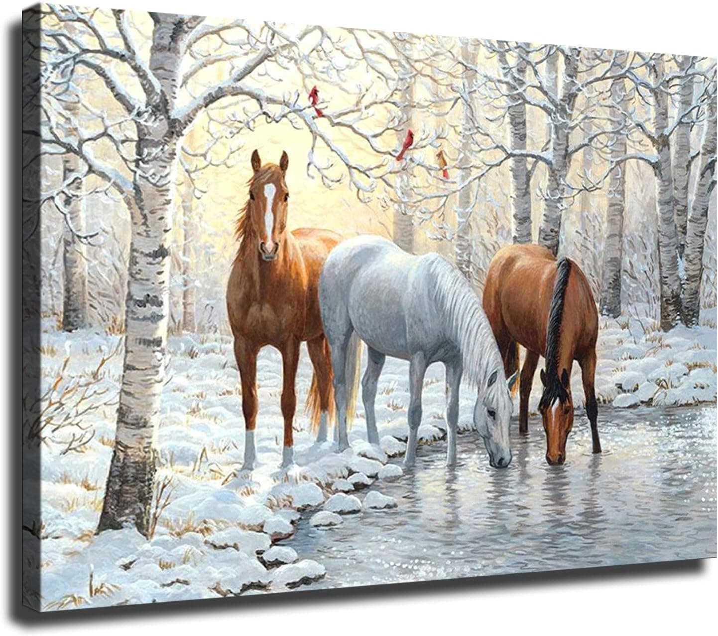 Home Decor Print Oil Painting on Canvas Wall Art Horses Drinking Water In Winter (Framed,12x18inch)