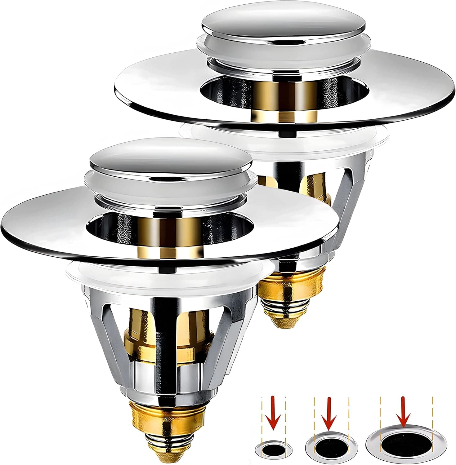2 Pack Universal Pop Up Bathroom Sink Stopper Replacement, 1.1~1.5” Basin Stainless Steel Bounce Core Push-Type Sink Drain Plug for Bathtub, Anti Clogging Tub Drain Stopper with Hair Catcher