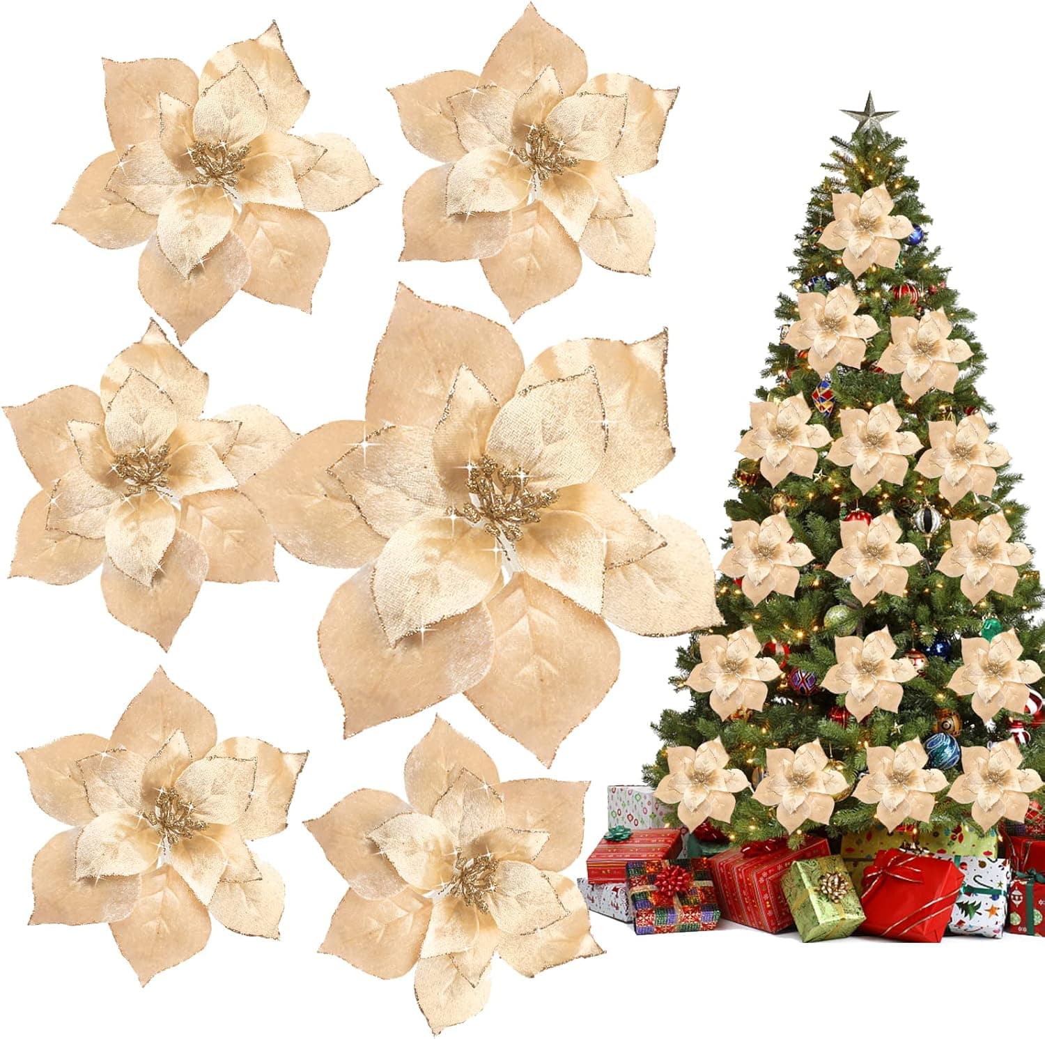 UNIQUEED Christmas Poinsettia Flowers, 8 in Velvet Christmas Tree Glitter Flowers, 6 Pcs Artificial Poinsettias with Stems for Christmas Wreath Christmas Tree Party Decorations (Gold)