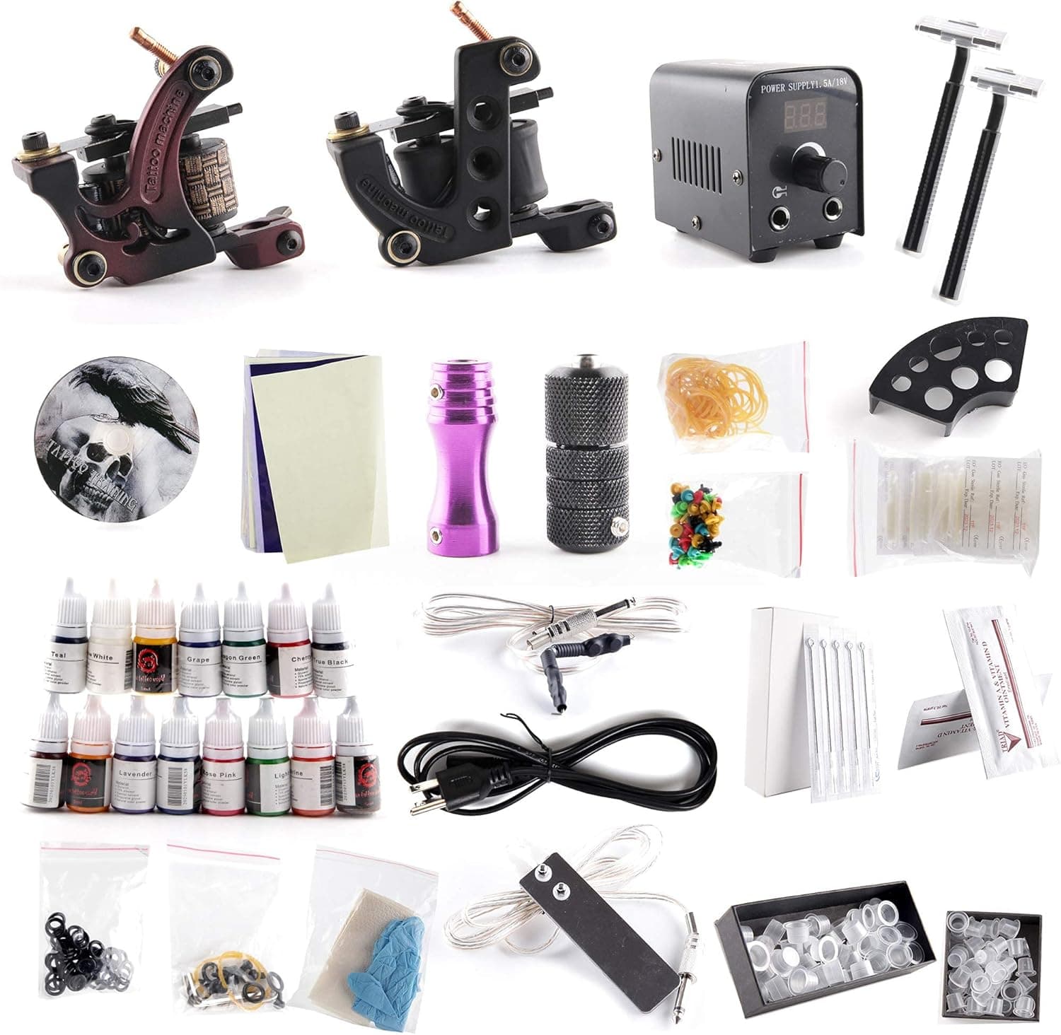 One Tattoo World Professional Tattoo Kit 2 Tattoo Machines, Digital Power Supply, 15 Color 5ml Tattoo Inks, Grips, Needles, Transfer Paper etc, OTW-KTB215A