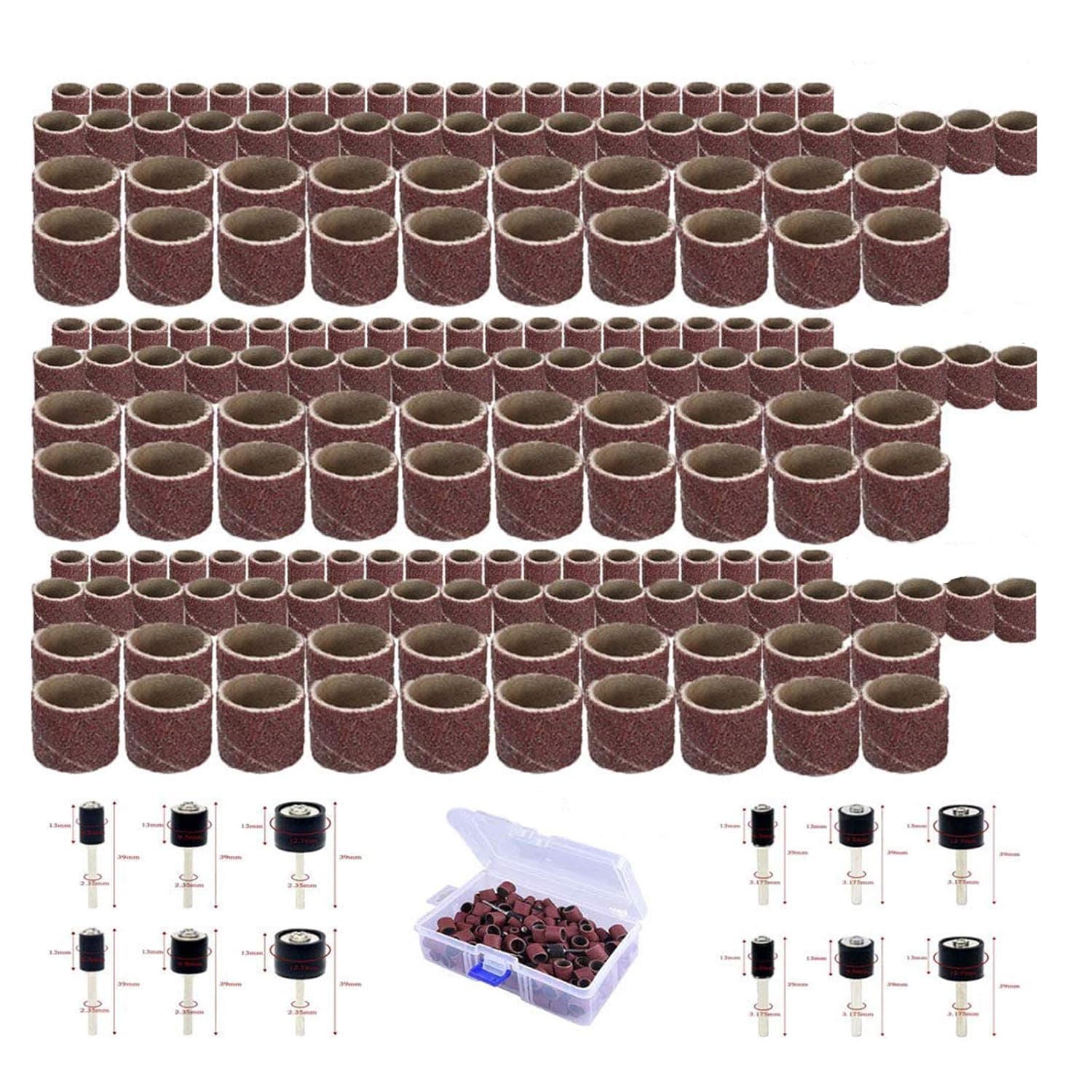 VideoPUP Replacement 180pcs 80#120#240#1/4 3/8 1/2-in Sanding Bands Drums Sleeves and 12pcs 1/8 1/12-in Drum Mandrel Sanding Drum Kit with Box Compatible with Rotary Tool (193pcs)