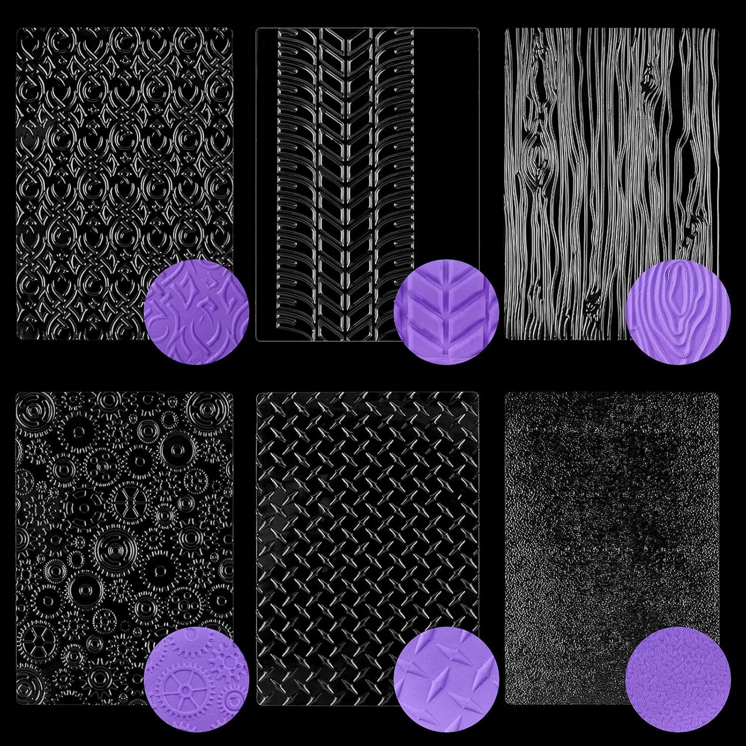 Ocmoiy 6 Pack Fondant Impression Mat Fondant Mold Set, Embossed Tree Bark/Steampunk Gears/Car tires/Matte Frosted Texture Design Mold for Chocolate Fondant Wedding Cake Decoration