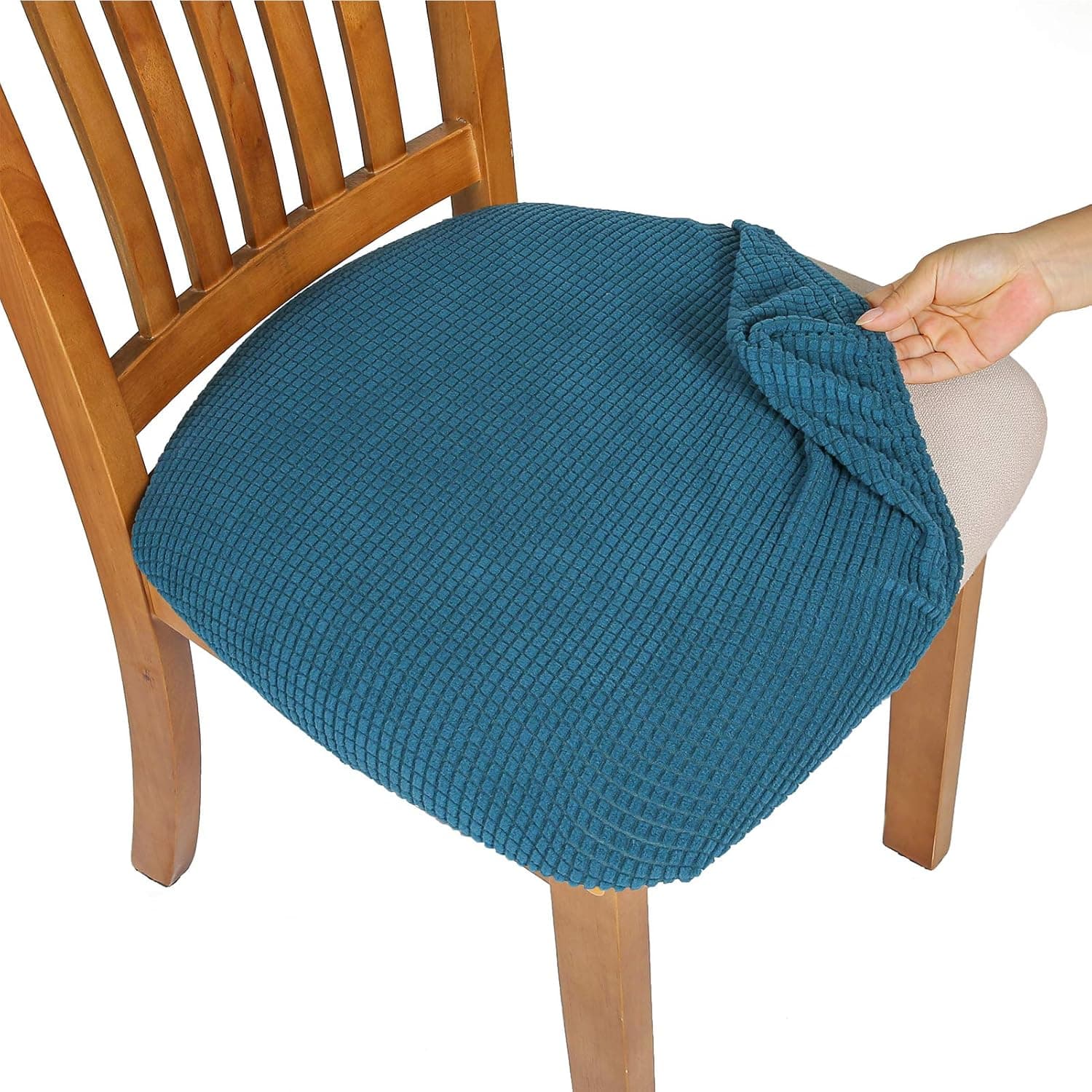 Comqualife Dining Chair Covers, Stretch Jacquard Dining Chair Protector, Removable Washable Anti-Dust Upholstered Chair Seat Cover for Dining Room, Kitchen, Office(Set of 4, Blue)