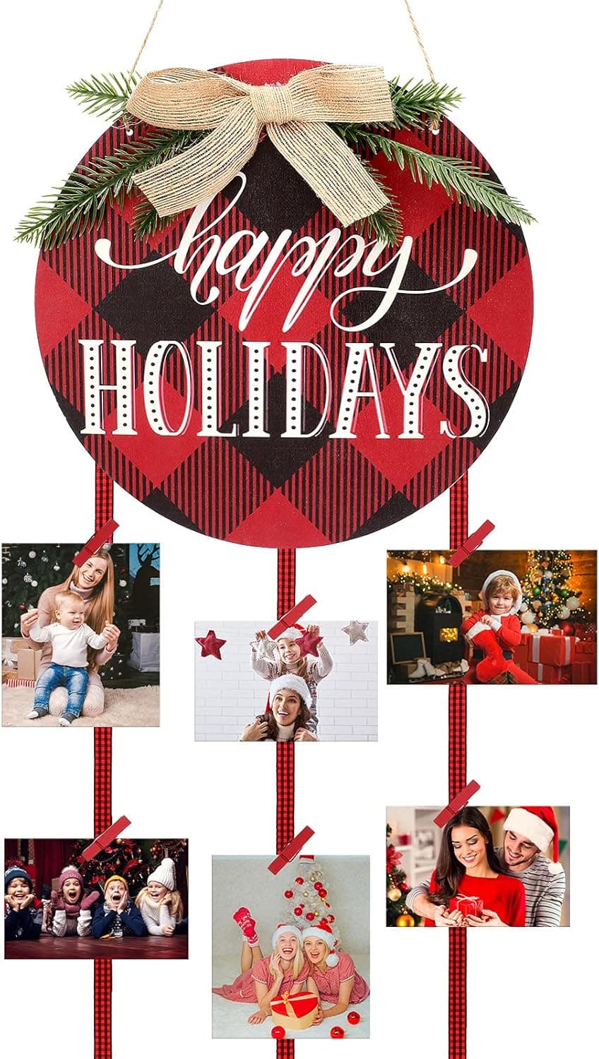 Christmas Hanging Photo Holder Happy Holidays Hanging Wood Picture Frames Collage Photo Christmas Greeting Cards Display Holder with 20 Red Wooden Clips for Christmas Party Home Wall Door Decor