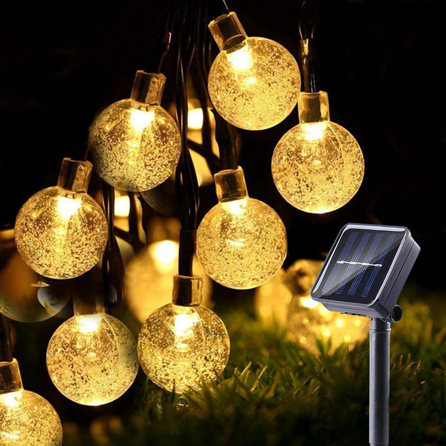 MINIAO 38FT 60 String Lights, Crystal Globe Solar LED Lights with 8 Lighting Modes Waterproof Outdoor String Lights Decoration for Halloween Christmas Garden Patio Fence Yard Party (Warm White)